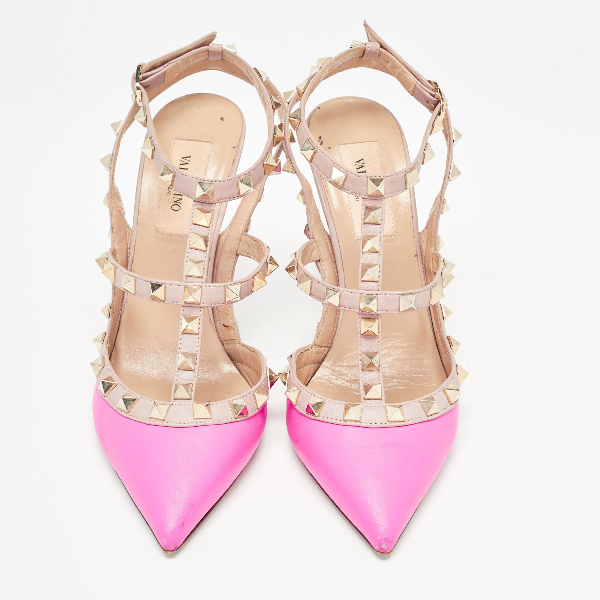 Valentino Pink/Beige Leather Rockstud Ankle Strap  Sandals Size 36.5