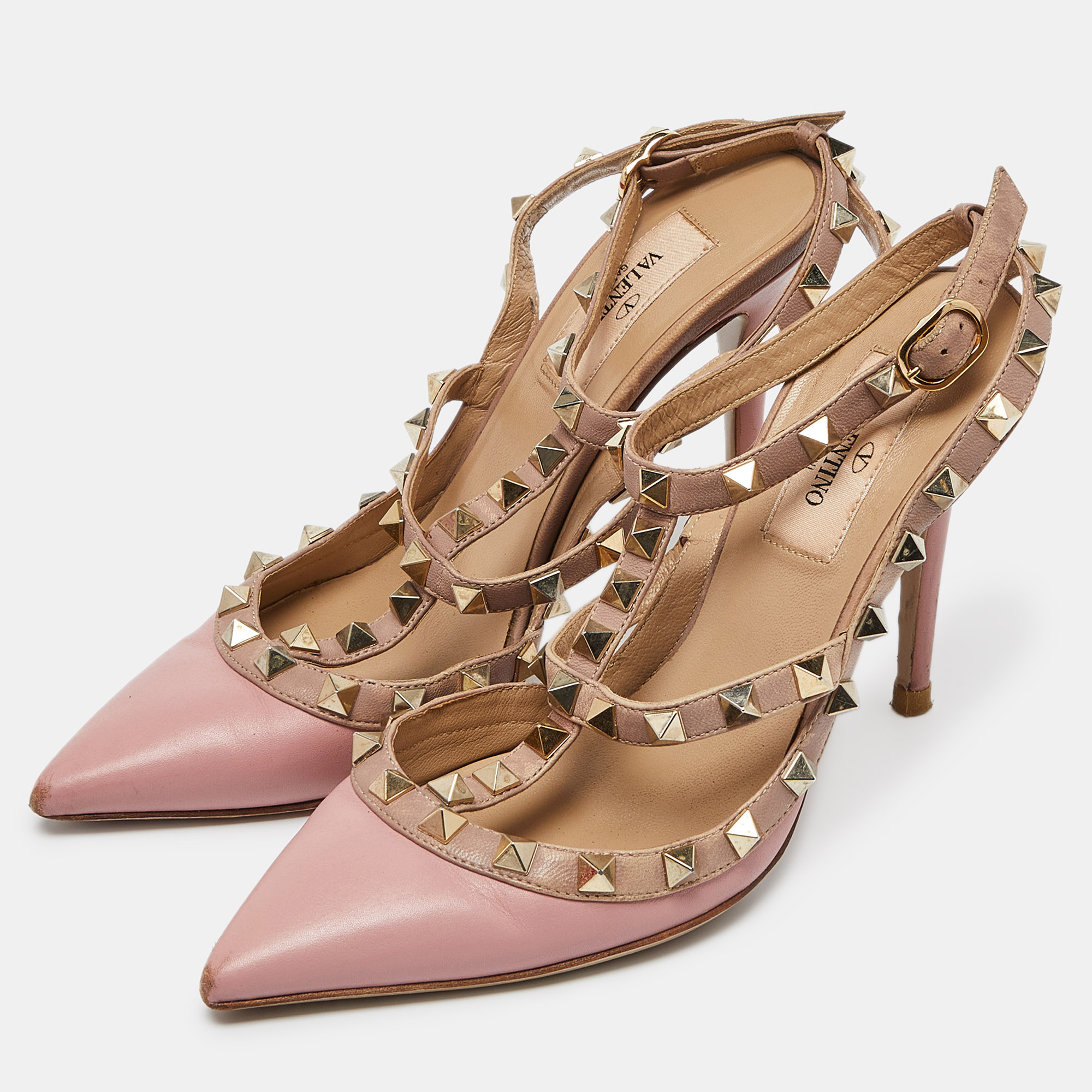 Valentino Pink/Beige Leather Rockstud Cage Pumps Size 36