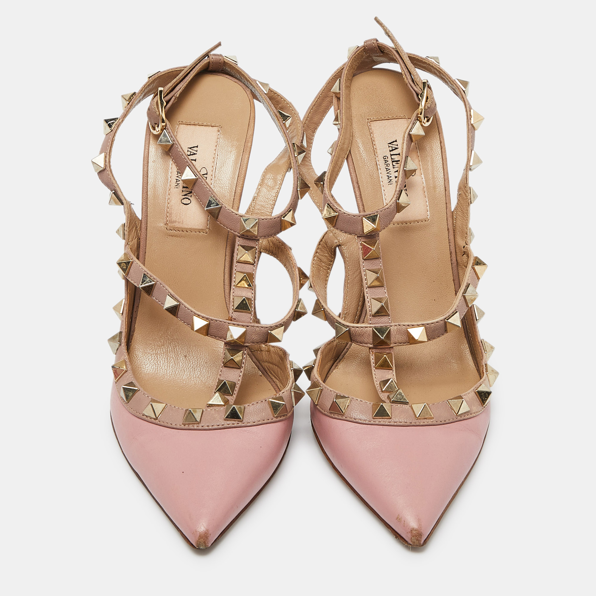 Valentino Pink/Beige Leather Rockstud Cage Pumps Size 36