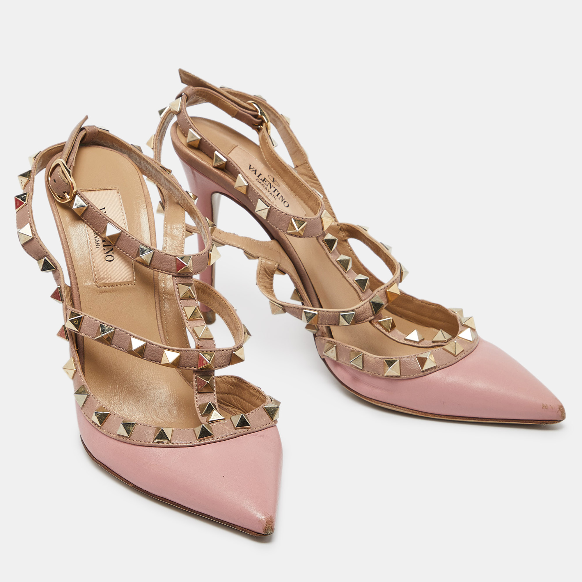 Valentino Pink/Beige Leather Rockstud Cage Pumps Size 36