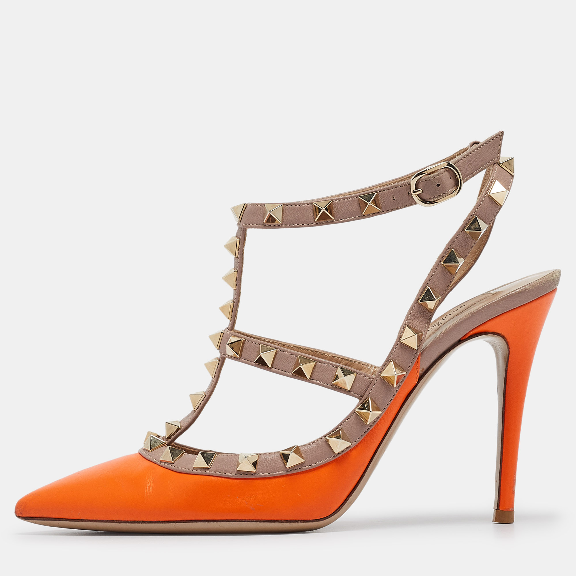 Valentino neon orange/dusty pink leather rockstud ankle strap pumps size 36.5