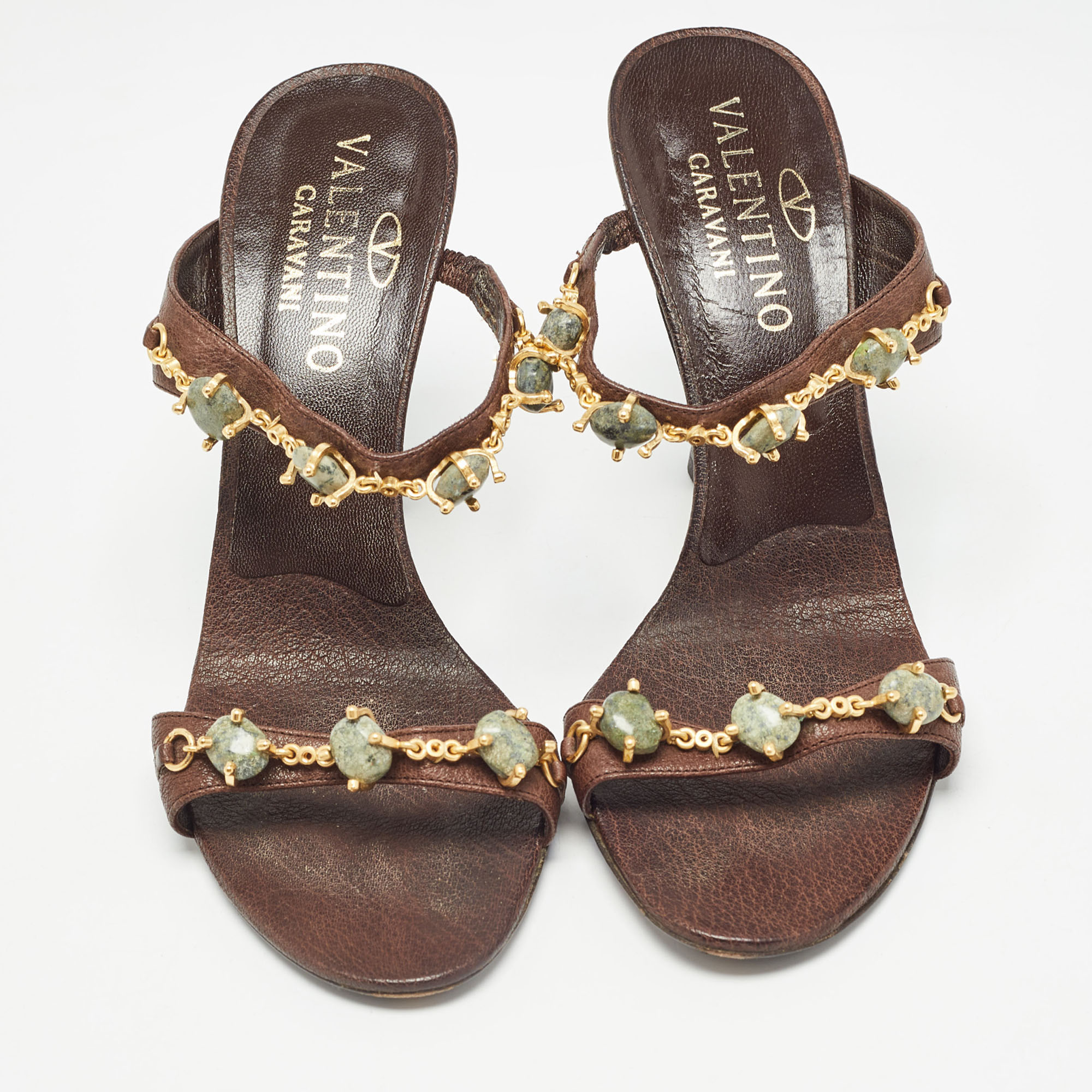 Valentino Brown Leather Embellished Slide Sandals Size 37