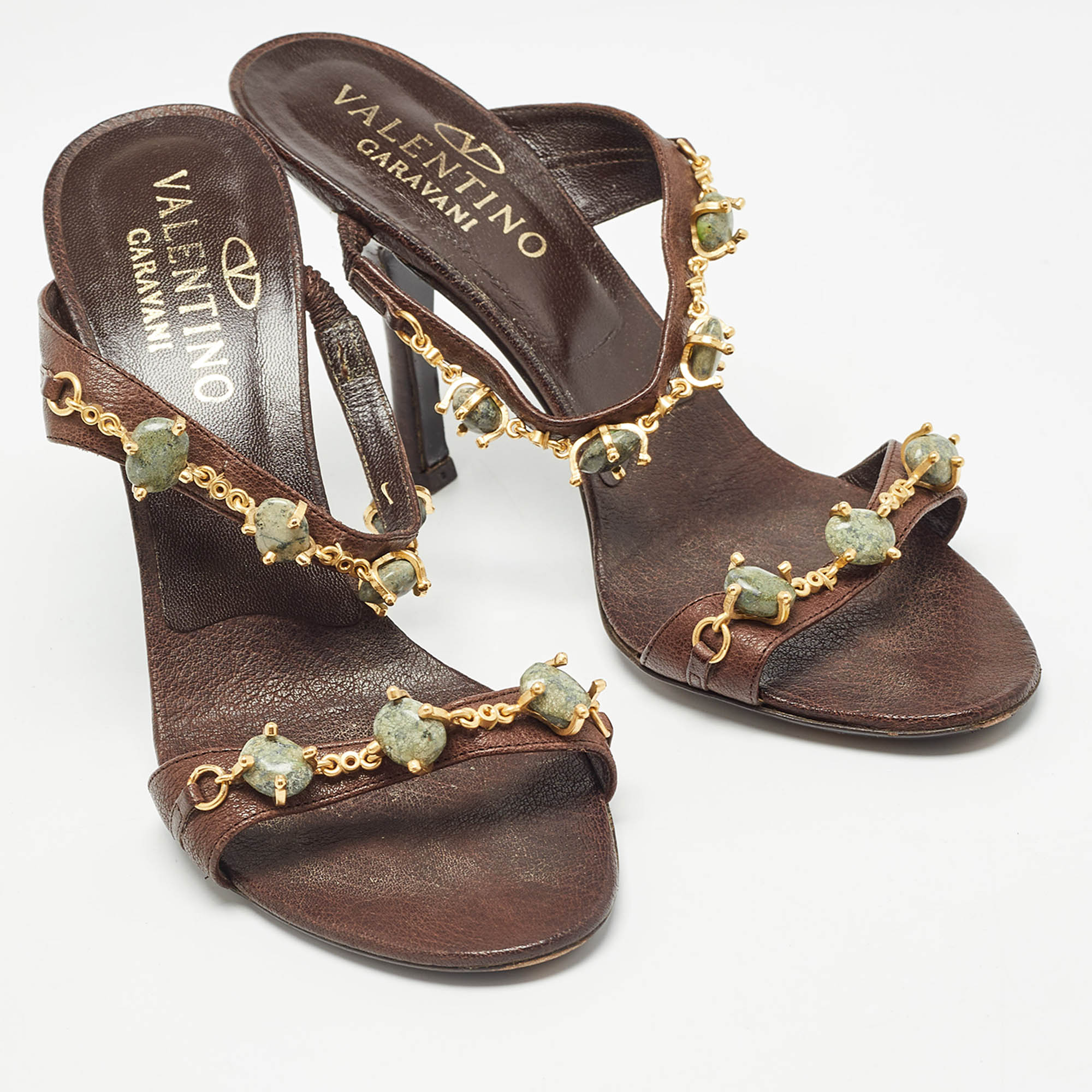 Valentino Brown Leather Embellished Slide Sandals Size 37