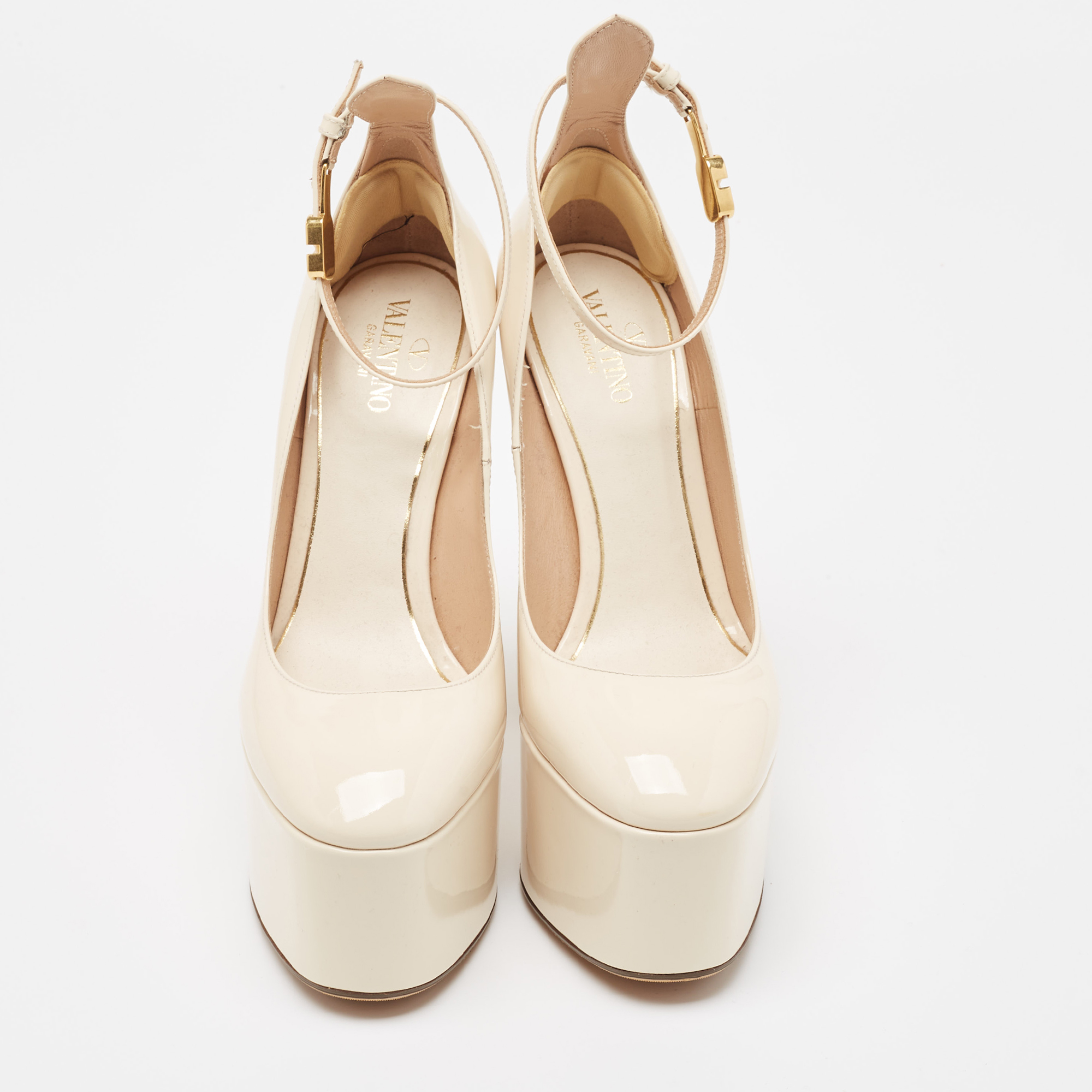 Valentino Cream Patent Leather Tan-go Pumps Size 38.5