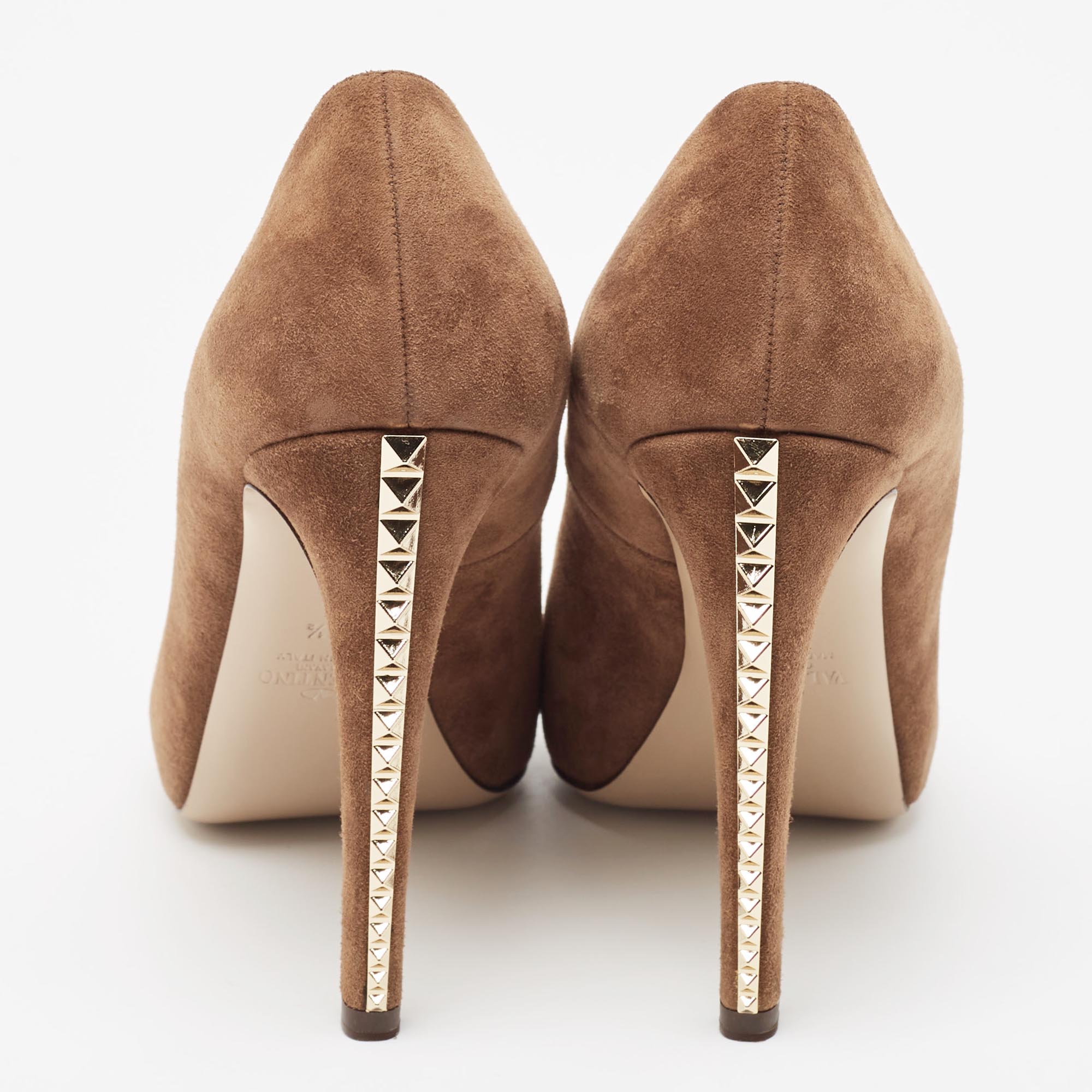 Valentino Brown Suede Rockstud Peep Toe Pumps Size 38.5