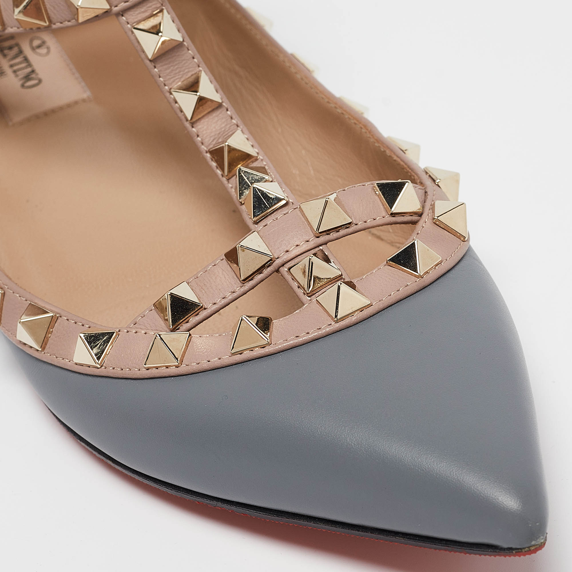 Valentino Grey/Dusty Pink Leather Rockstud Ankle Strap Flats Size 37