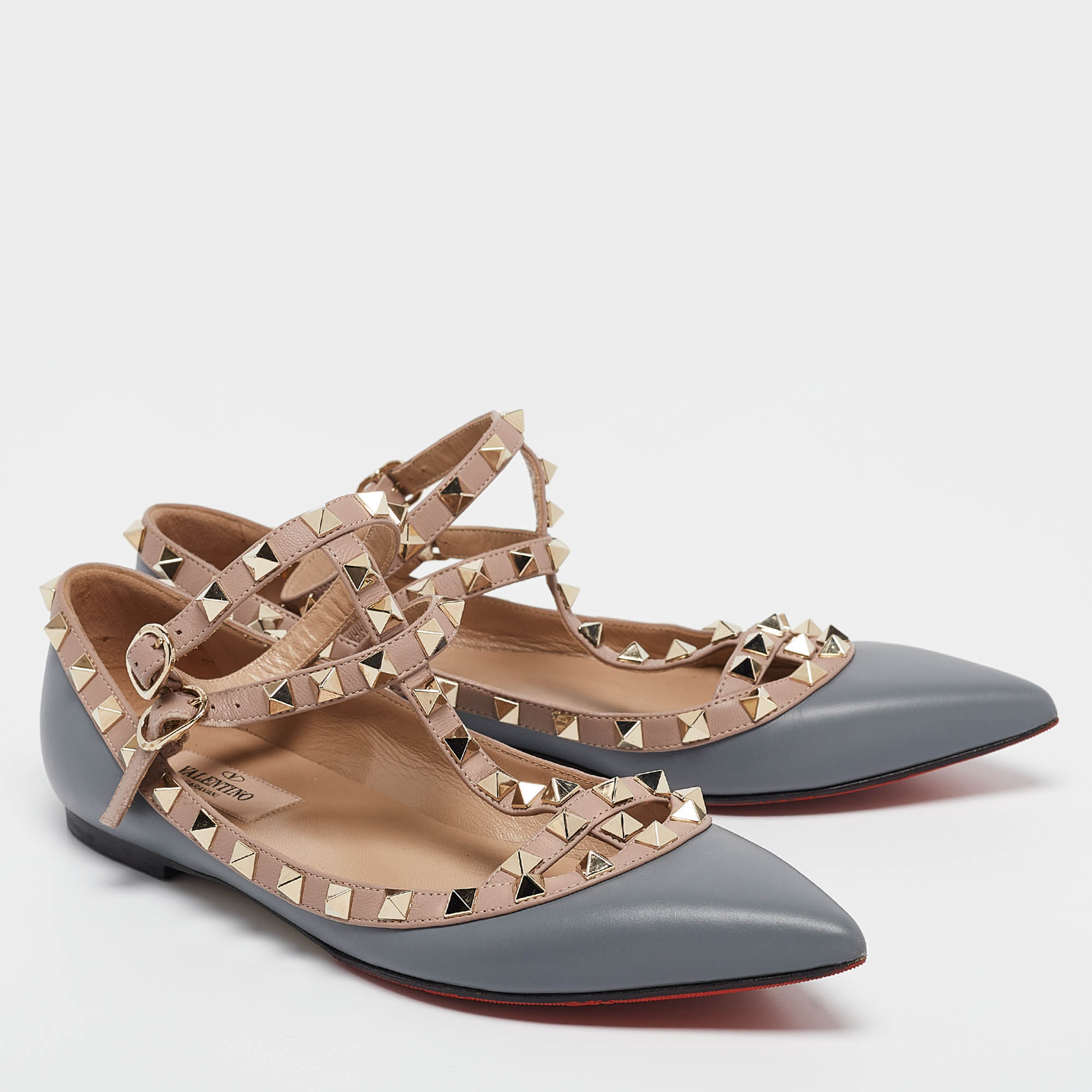 Valentino Grey/Dusty Pink Leather Rockstud Ankle Strap Flats Size 37