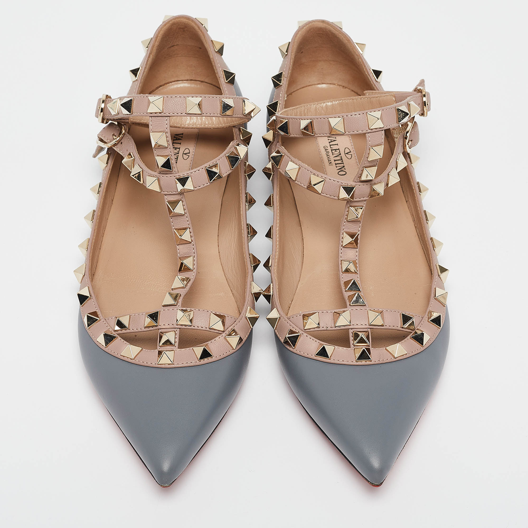 Valentino Grey/Dusty Pink Leather Rockstud Ankle Strap Flats Size 37