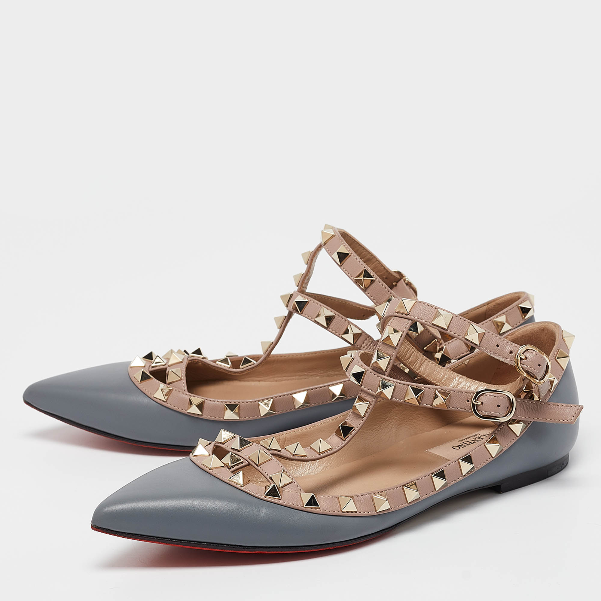 Valentino Grey/Dusty Pink Leather Rockstud Ankle Strap Flats Size 37