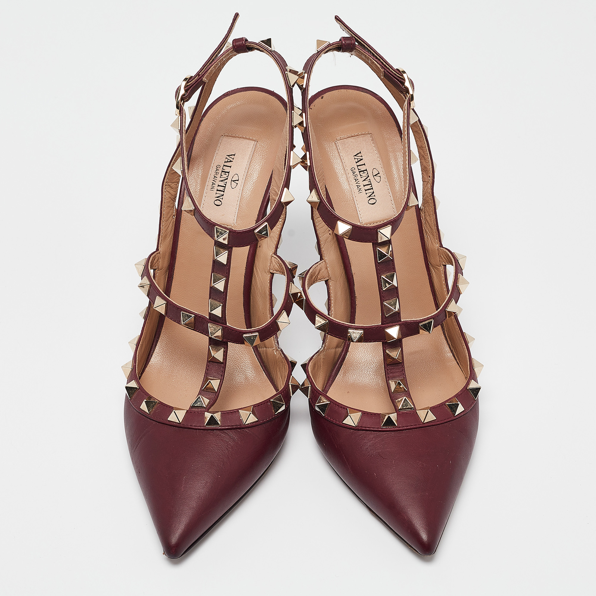 Valentino Burgundy Leather Rockstud Ankle Strap Pumps Size 40