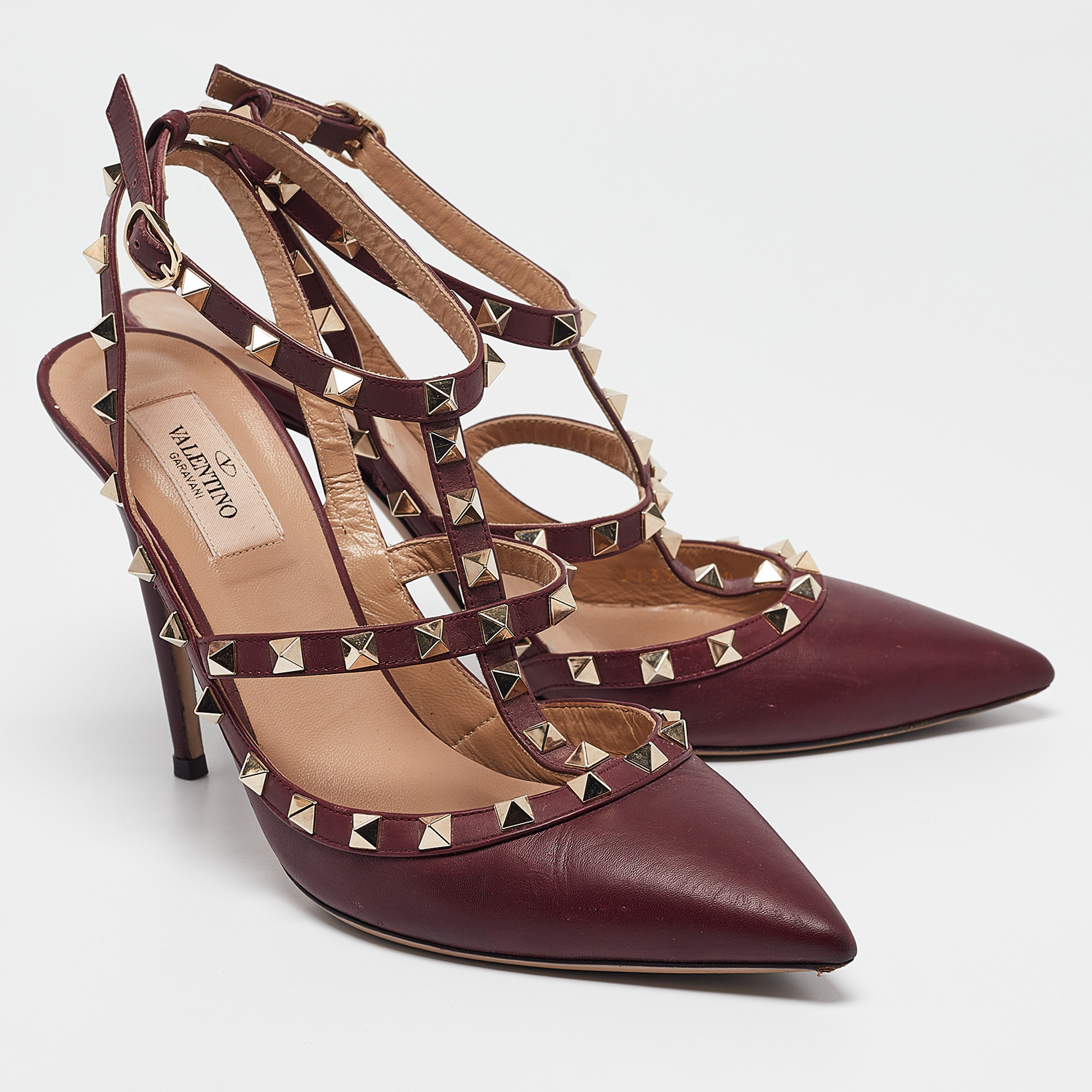 Valentino Burgundy Leather Rockstud Ankle Strap Pumps Size 40