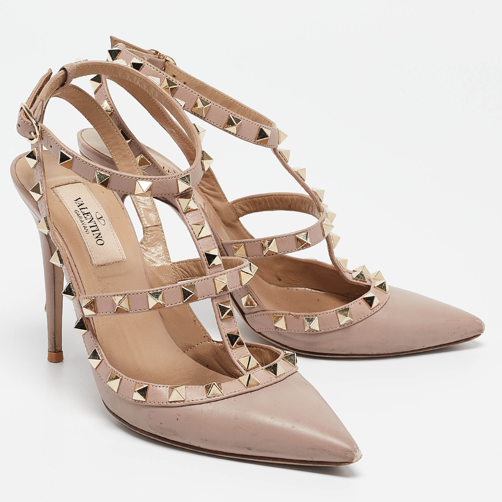 Valentino Beige Leather Rockstud Ankle Strap Pumps Size 37