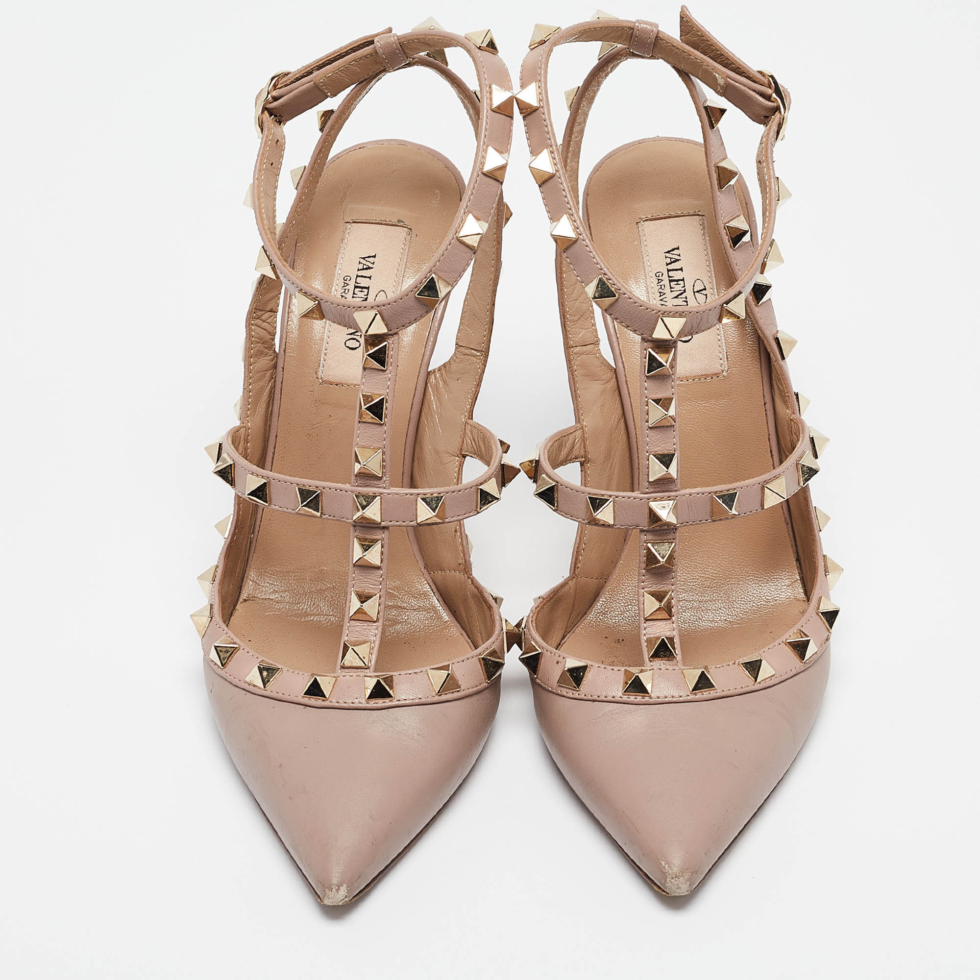 Valentino Beige Leather Rockstud Ankle Strap Pumps Size 37