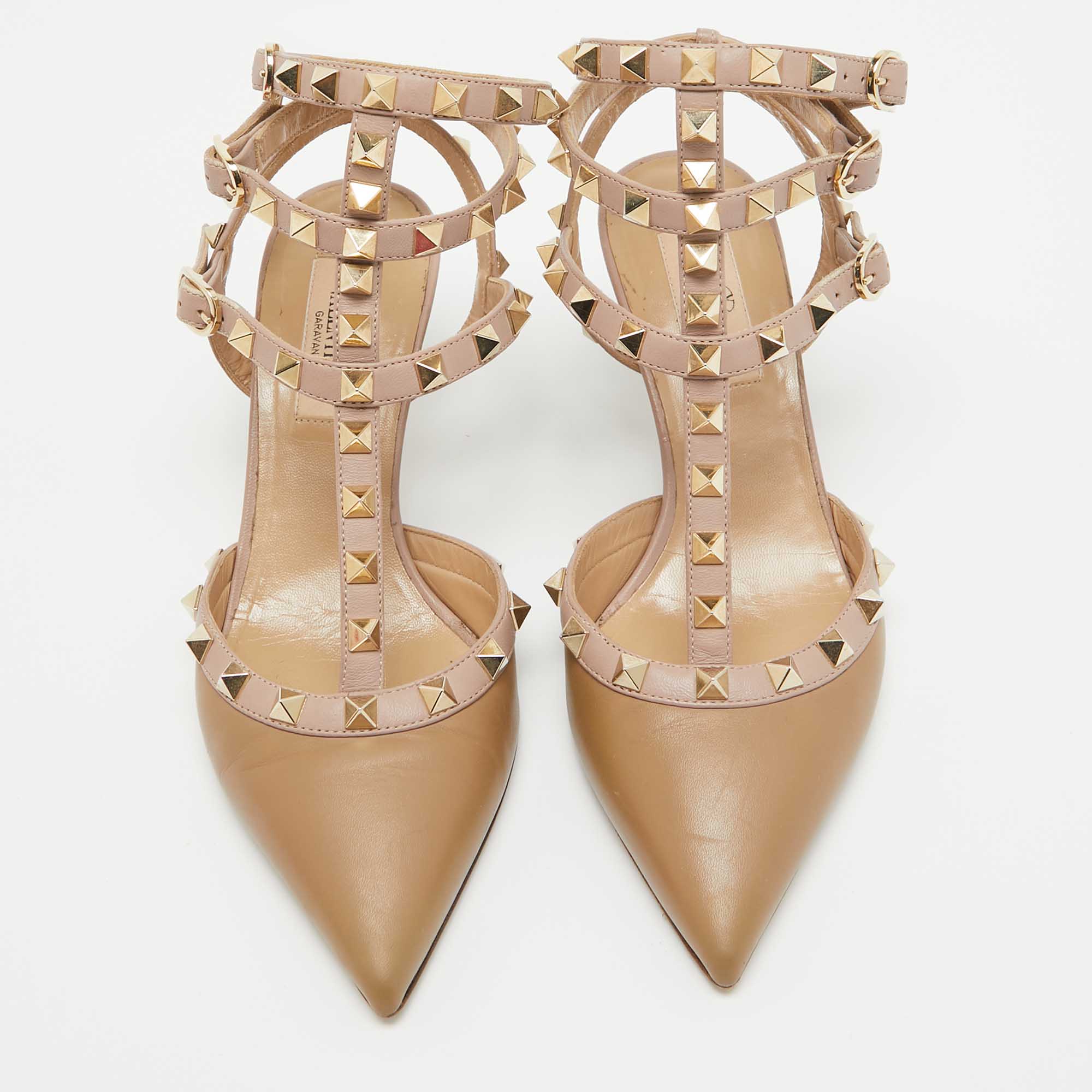 Valentino Light Brown/Pink Leather Rockstud Ankle Strap Pumps Size 36