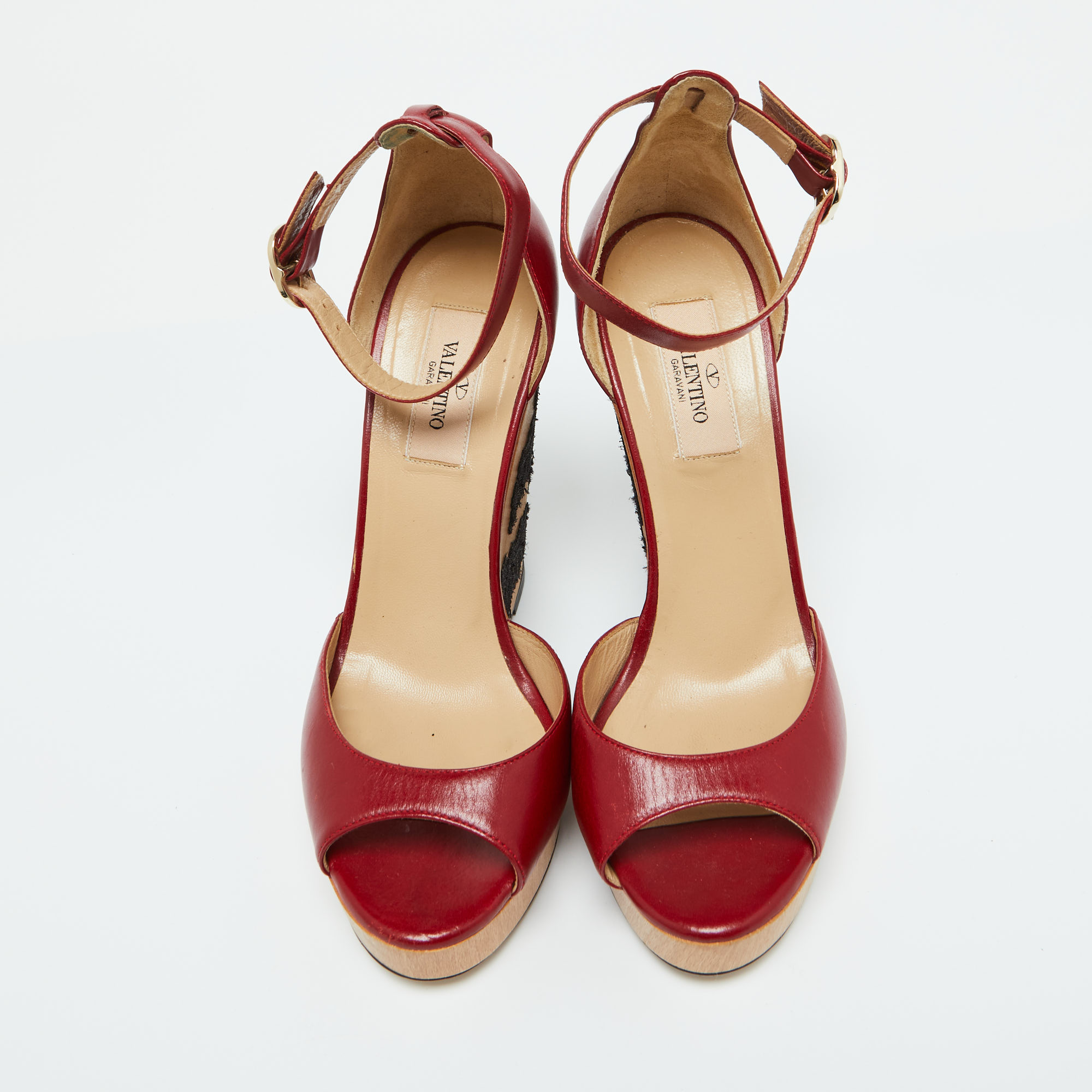 Valentino Red Leather Lace Wedge Peep Toe Ankle Strap Sandals Size 37.5