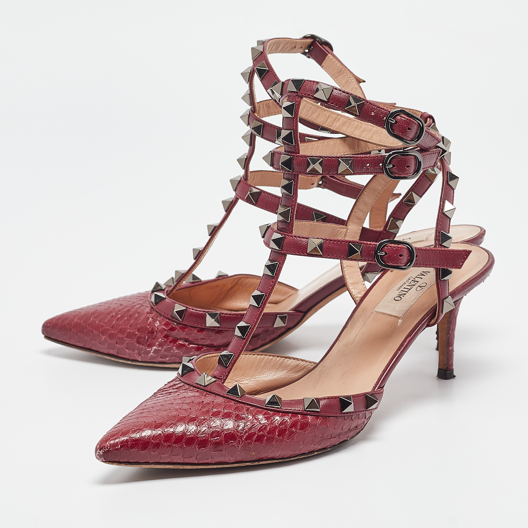 Valentino Burgundy Leather Python Leather Rockstud Pumps Size 39