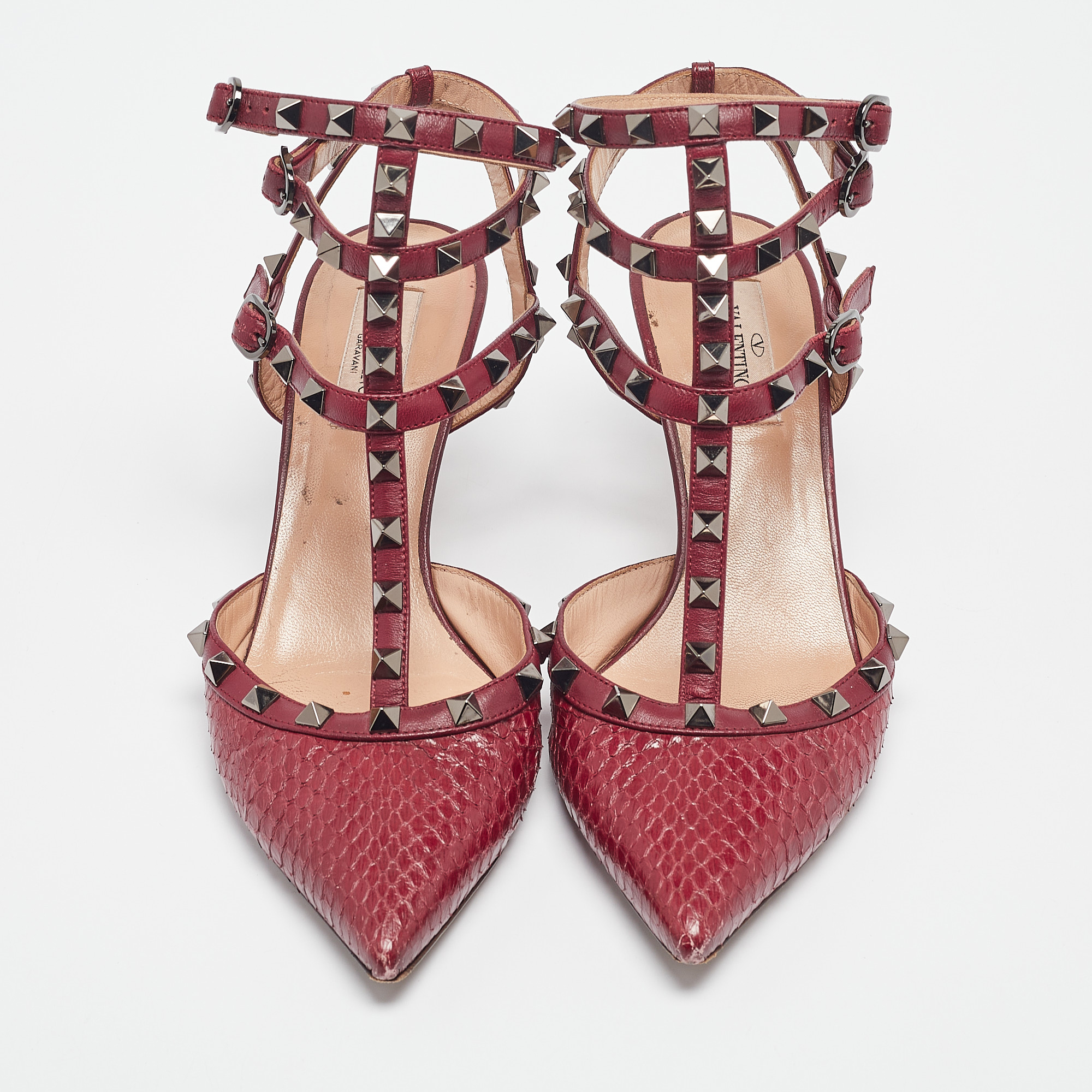 Valentino Burgundy Leather Python Leather Rockstud Pumps Size 39