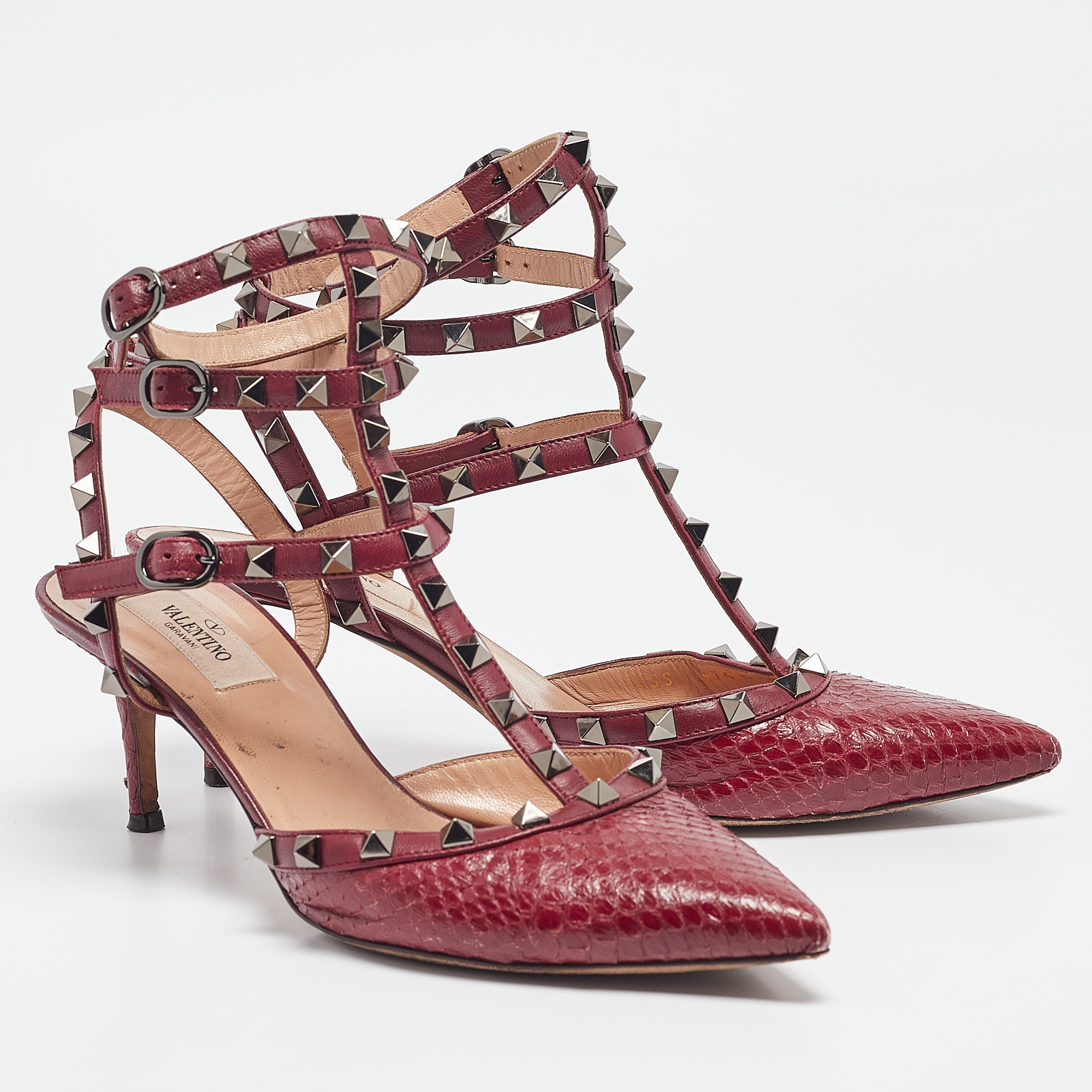 Valentino Burgundy Leather Python Leather Rockstud Pumps Size 39