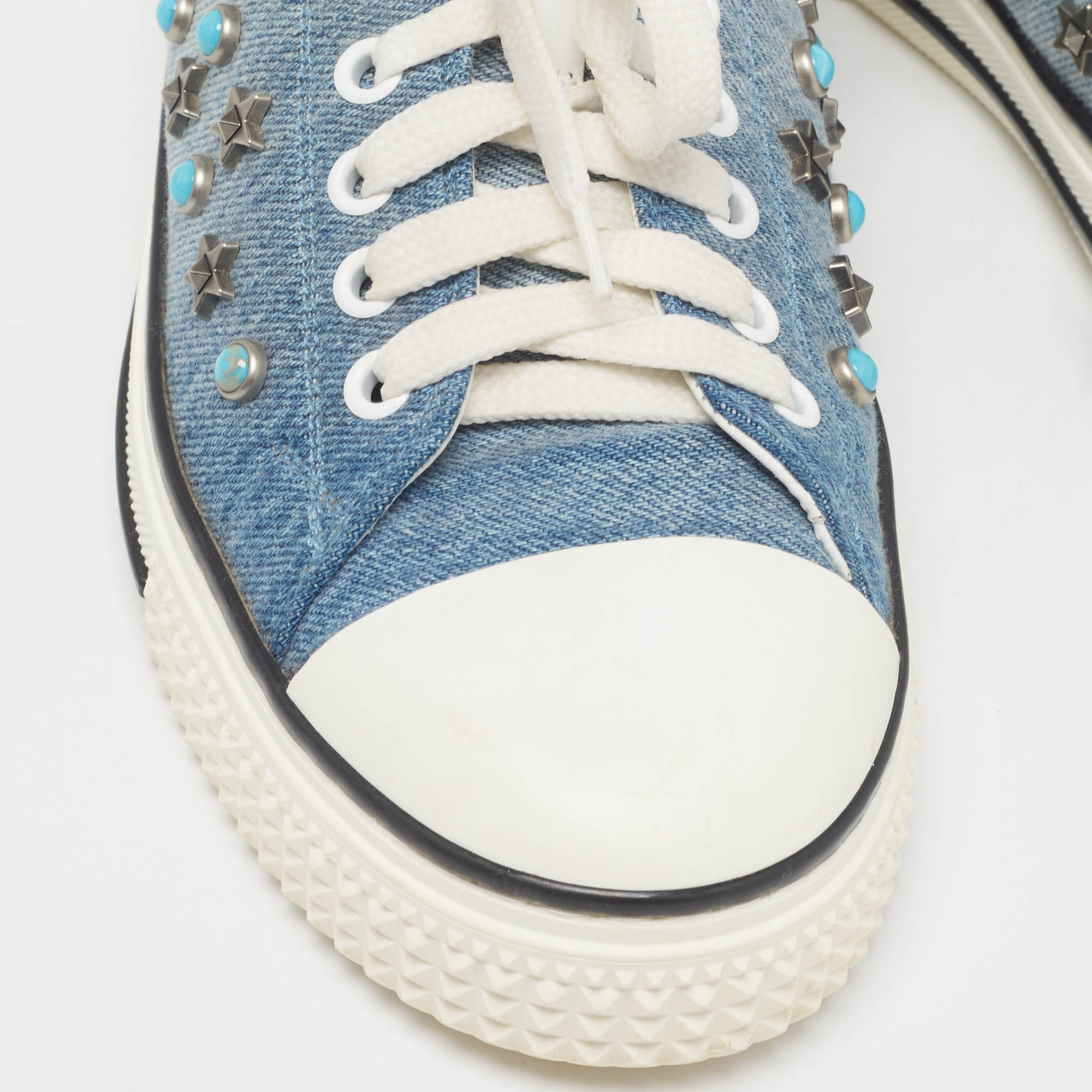 Valentino Blue/White Denim And Leather Star Studded Sneakers Size 39