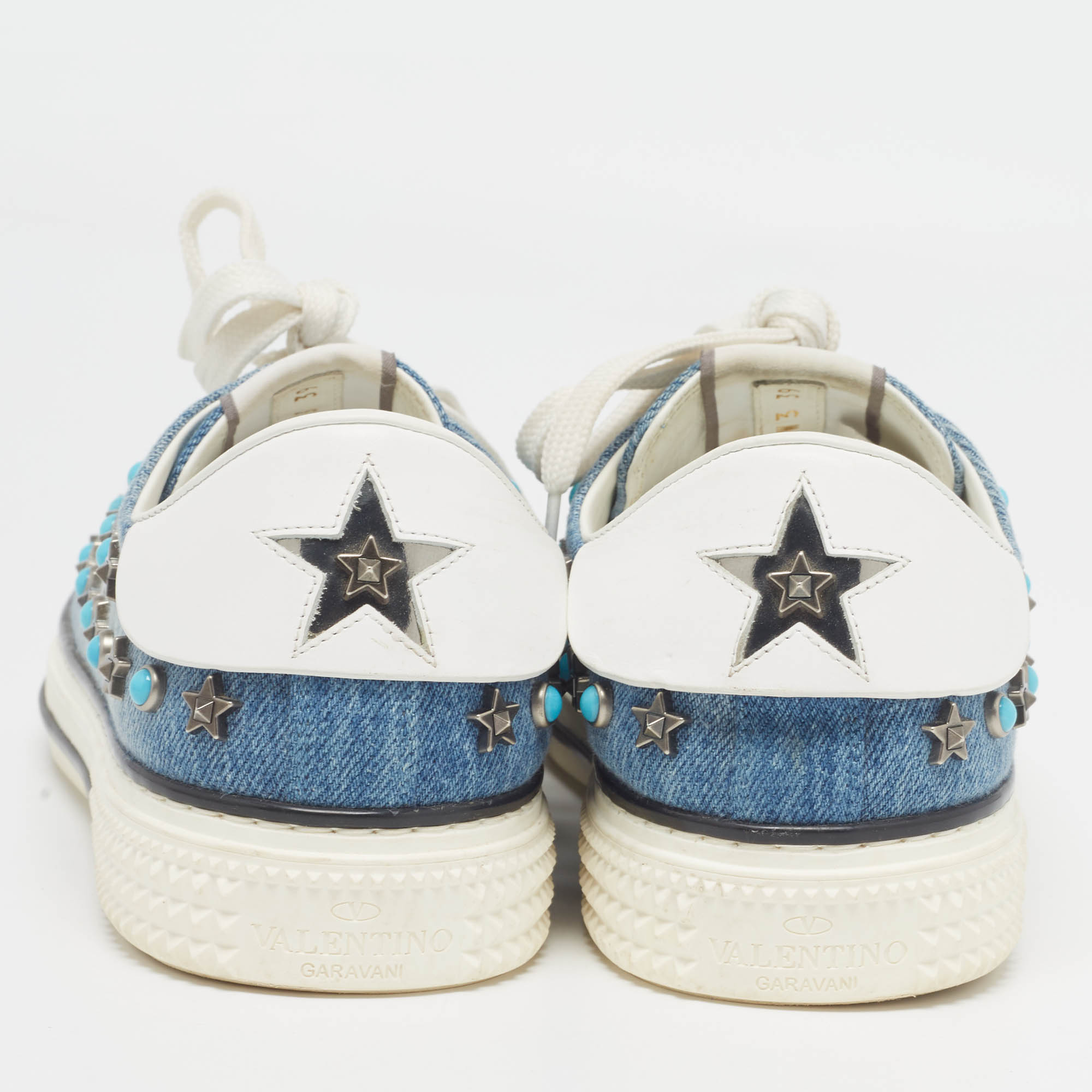 Valentino Blue/White Denim And Leather Star Studded Sneakers Size 39