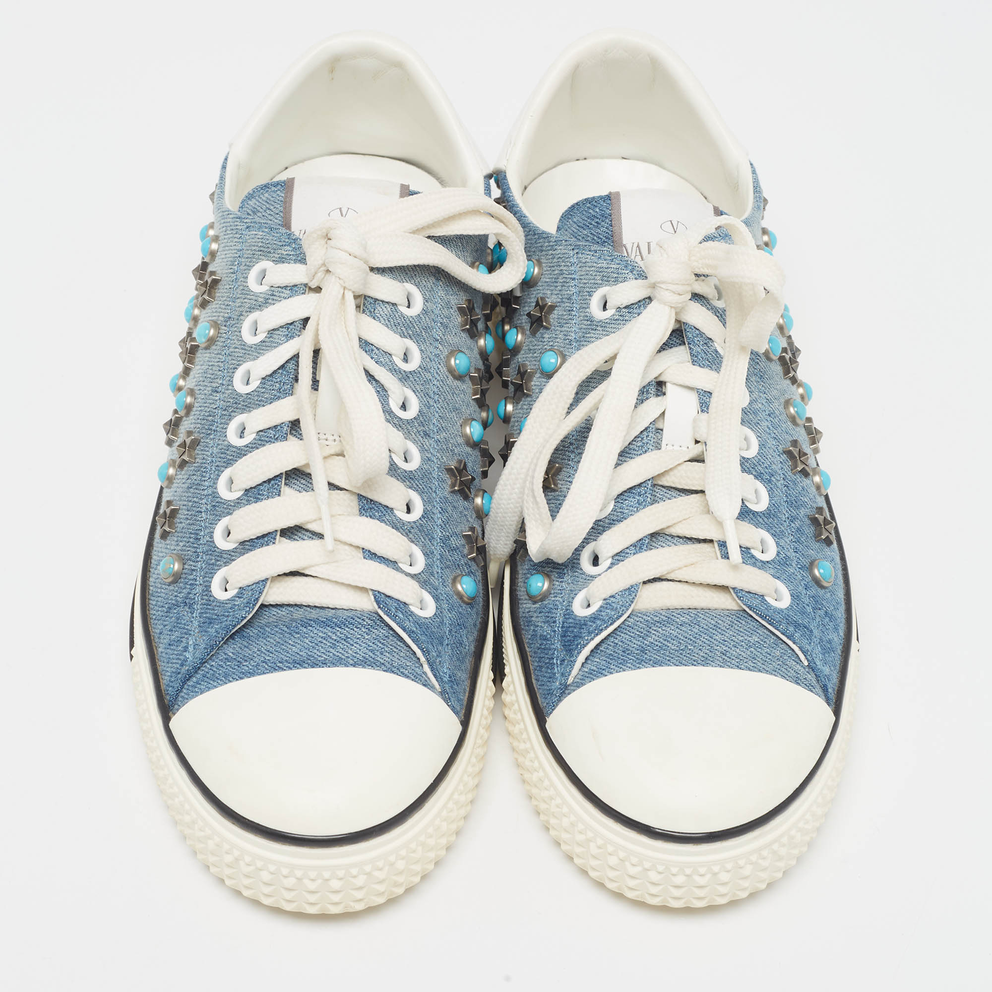 Valentino Blue/White Denim And Leather Star Studded Sneakers Size 39