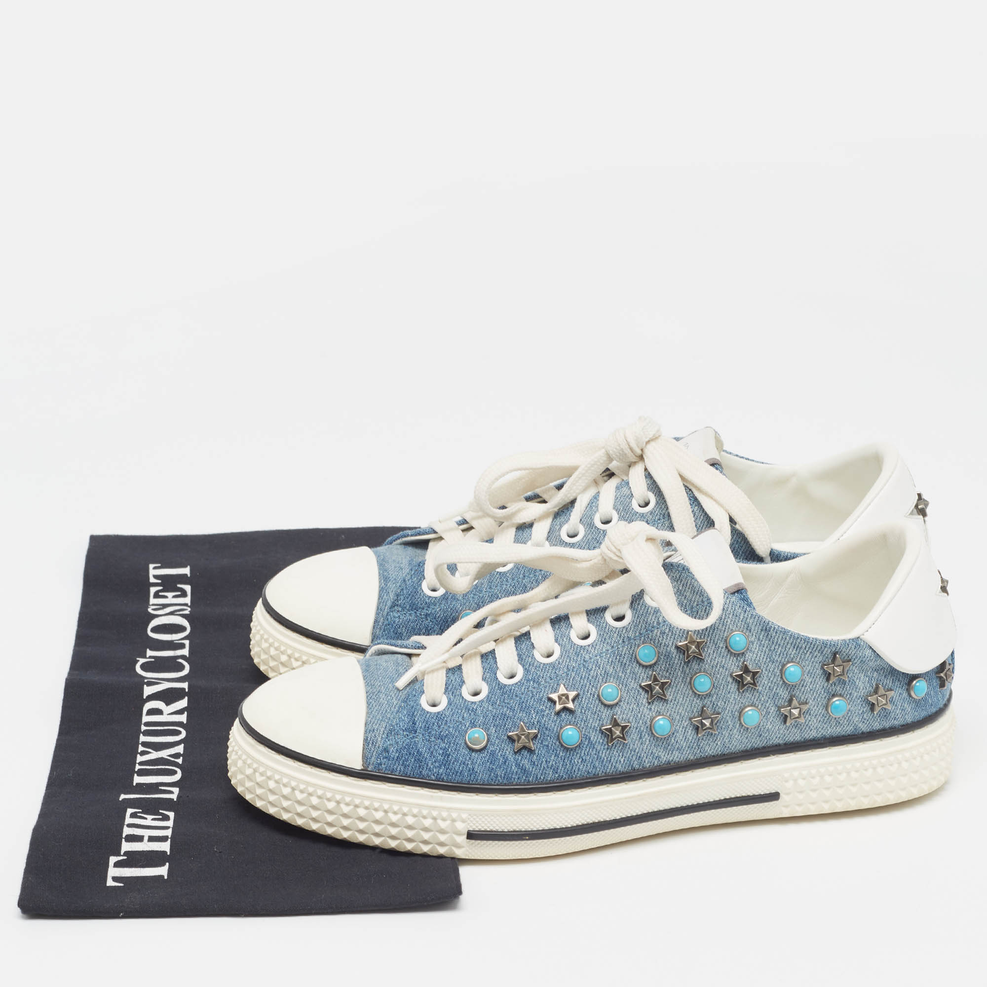 Valentino Blue/White Denim And Leather Star Studded Sneakers Size 39