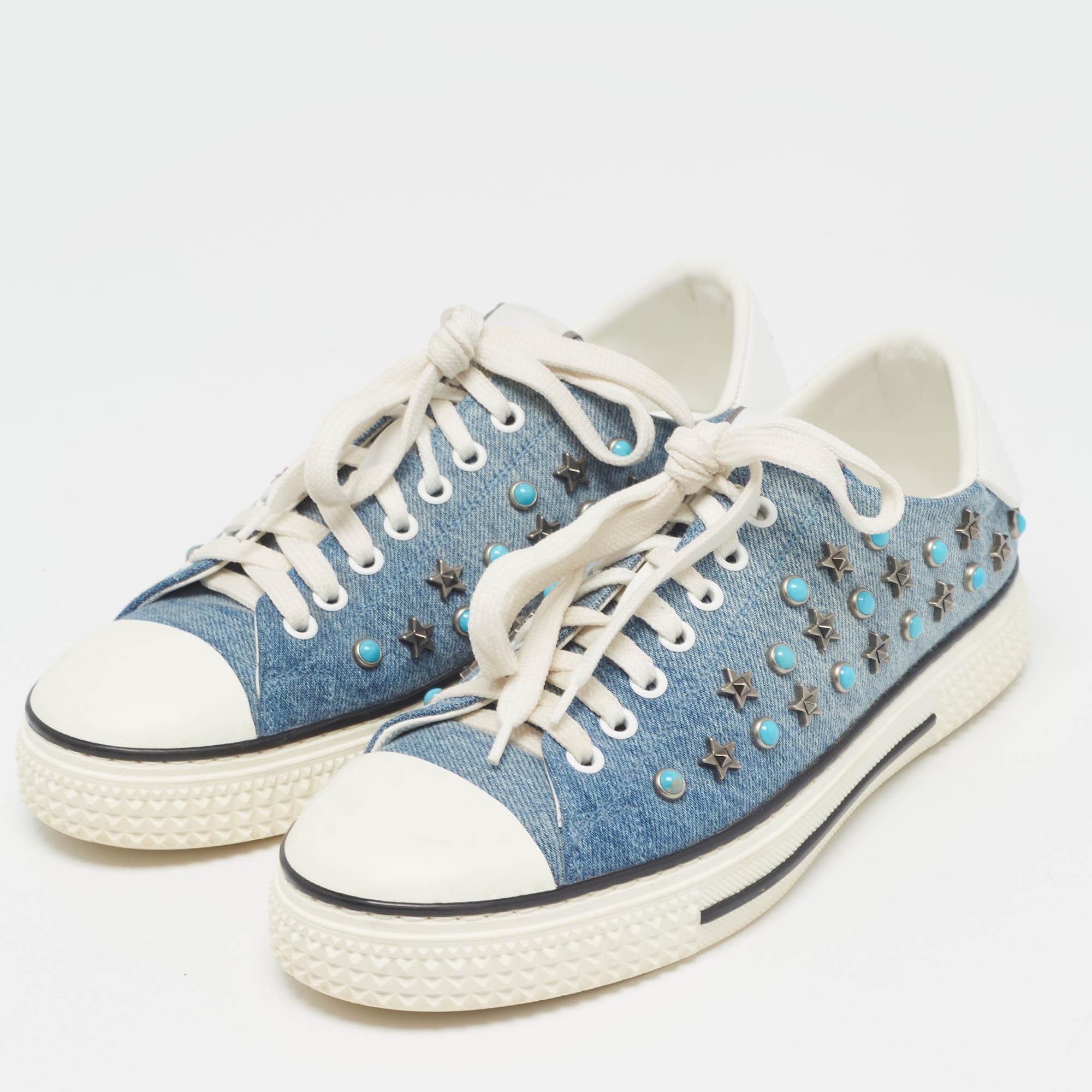 Valentino Blue/White Denim And Leather Star Studded Sneakers Size 39