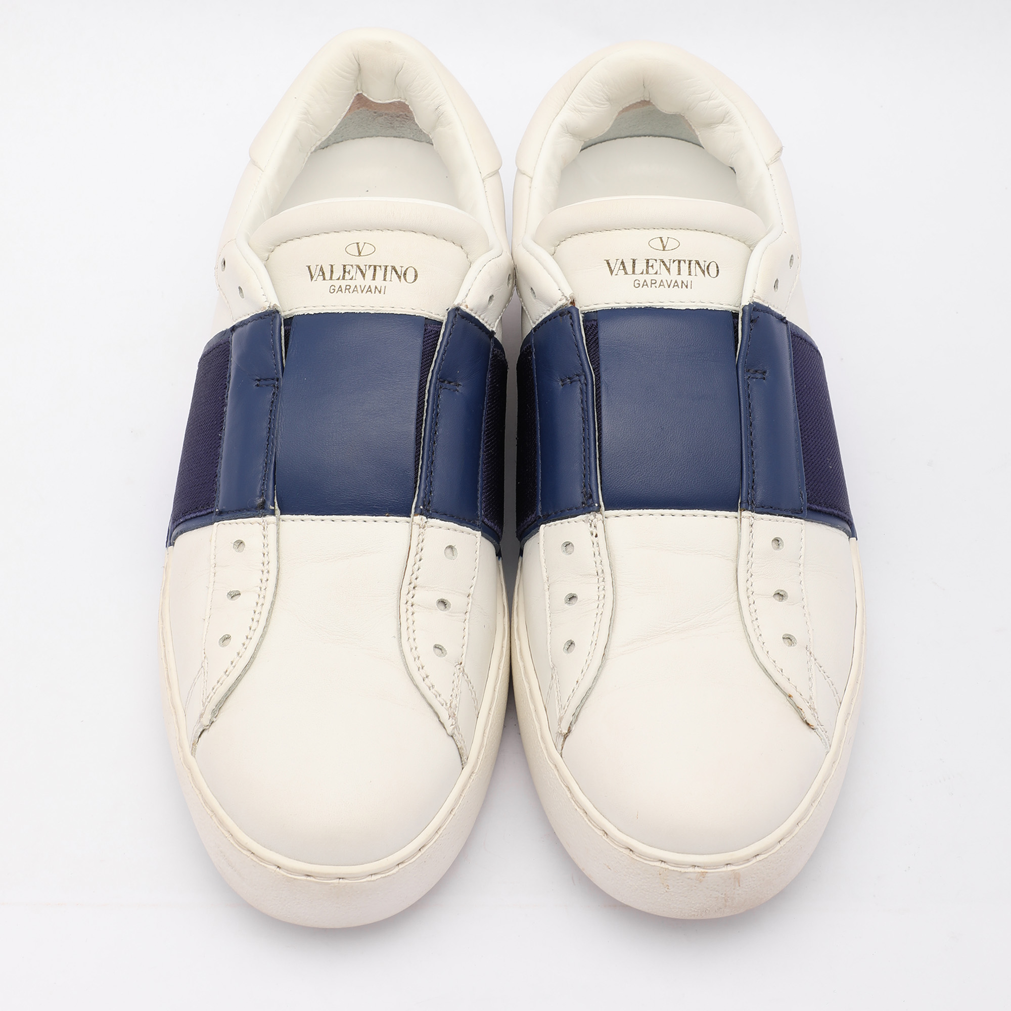 Valentino White/Blue Leather Rockstud Slip On Sneakers Size 38.5