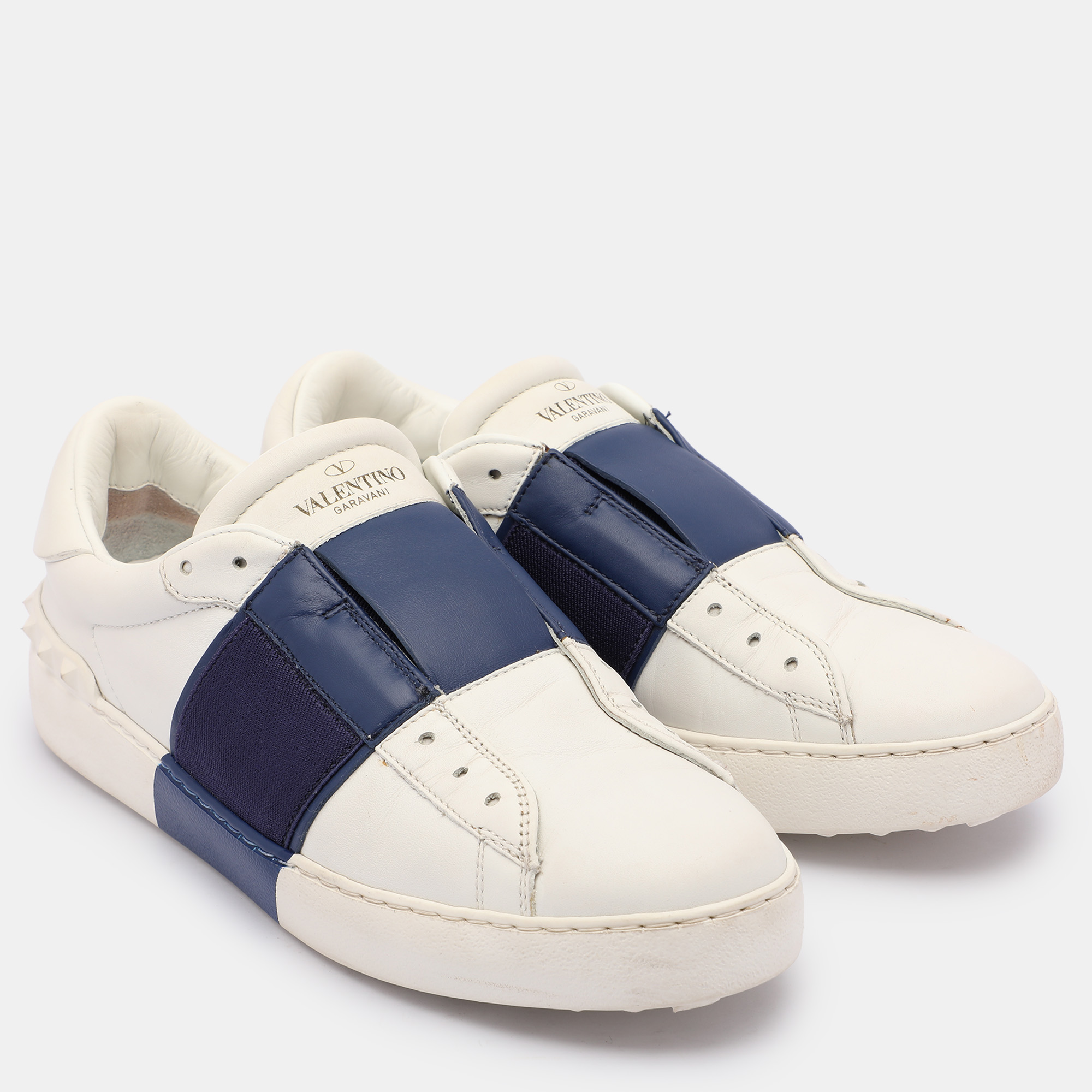 Valentino White/Blue Leather Rockstud Slip On Sneakers Size 38.5