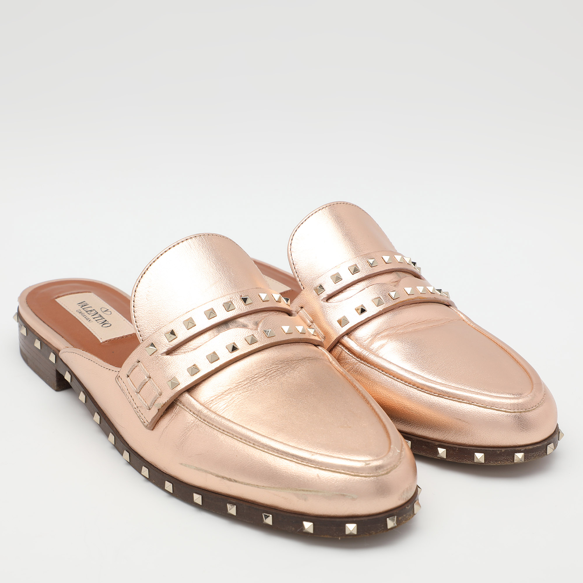 Valentino Metallic Rose Gold Leather Soul Rockstud Mules Size 36