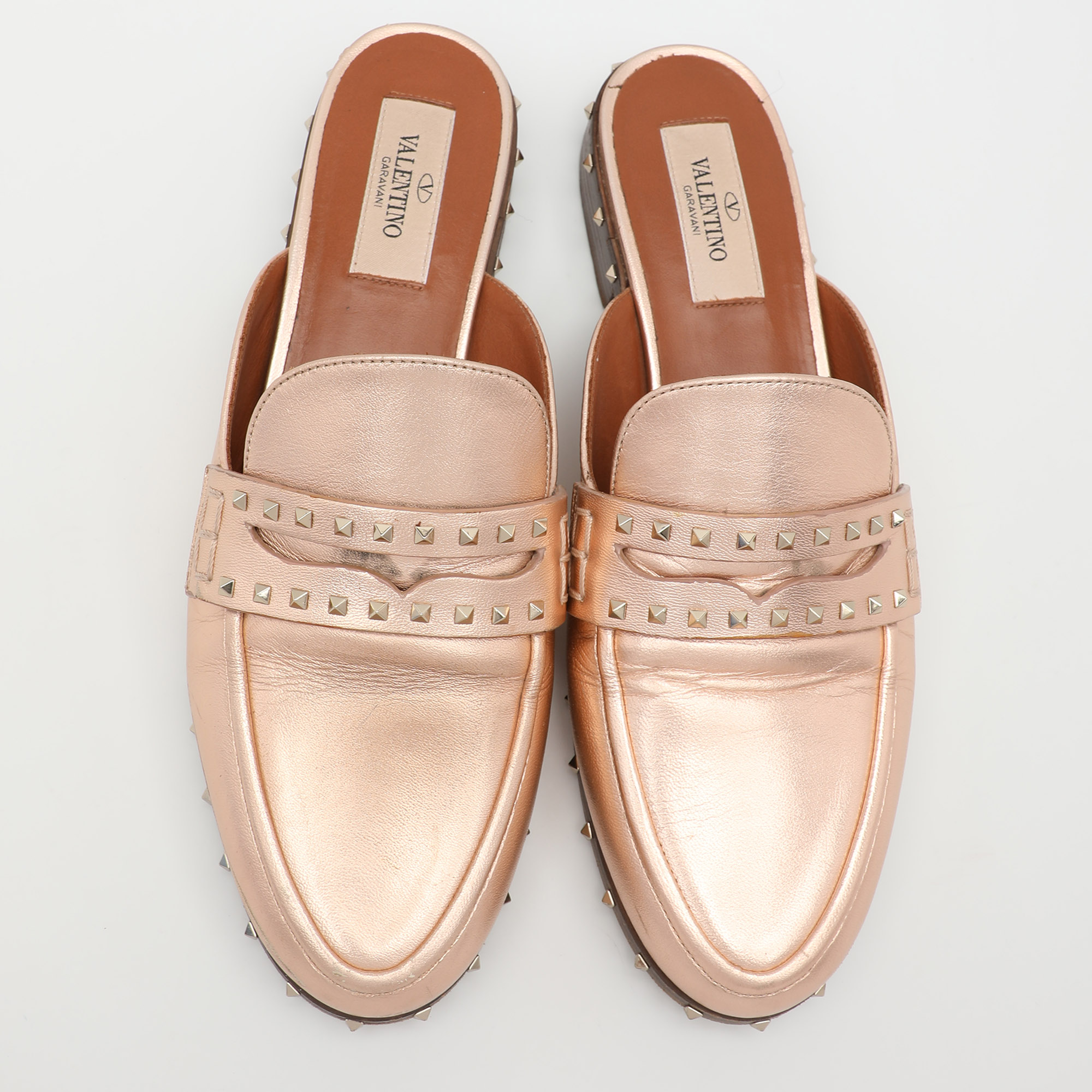 Valentino Metallic Rose Gold Leather Soul Rockstud Mules Size 36