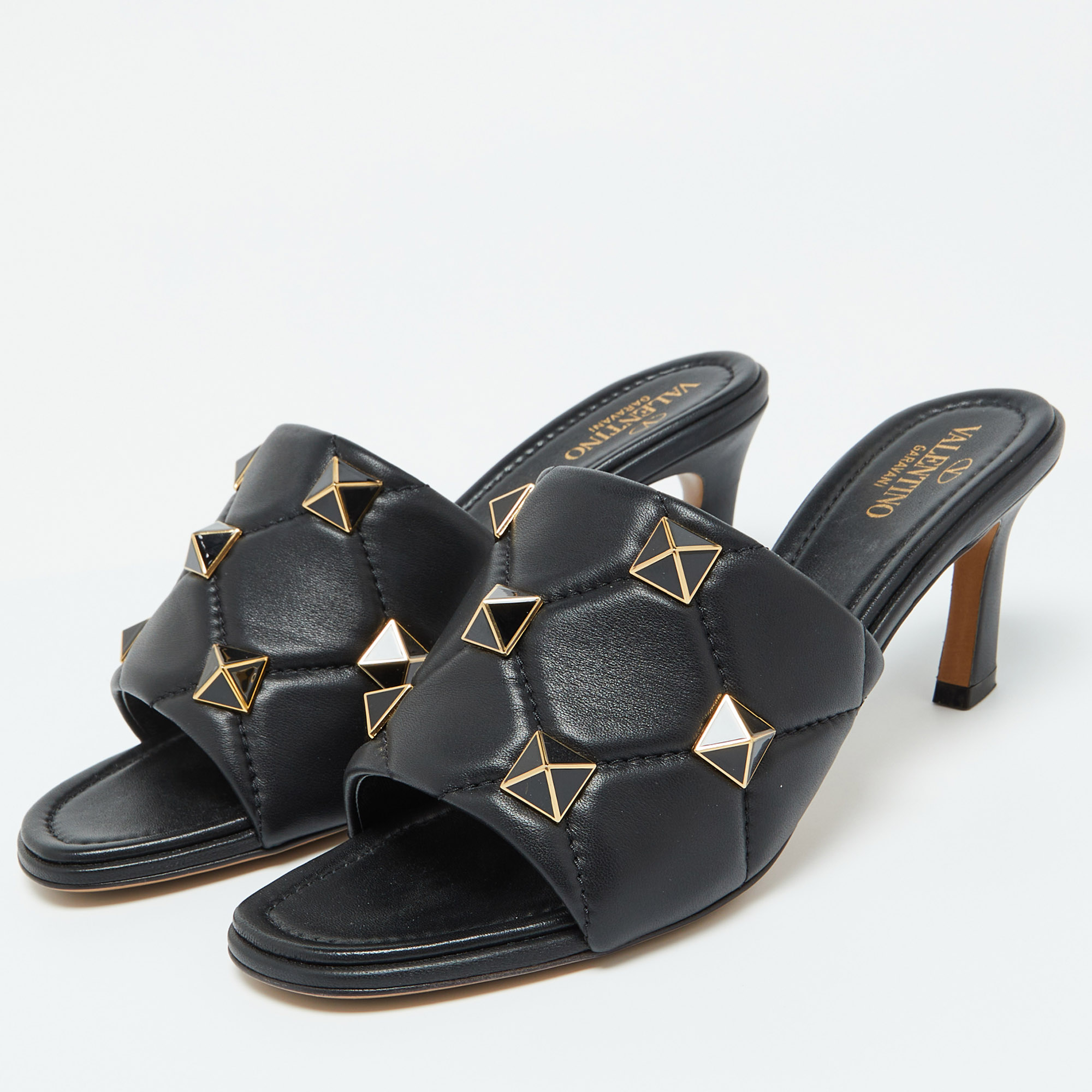 Valentino Black Leather Roman Stud Slide Sandals 39.5