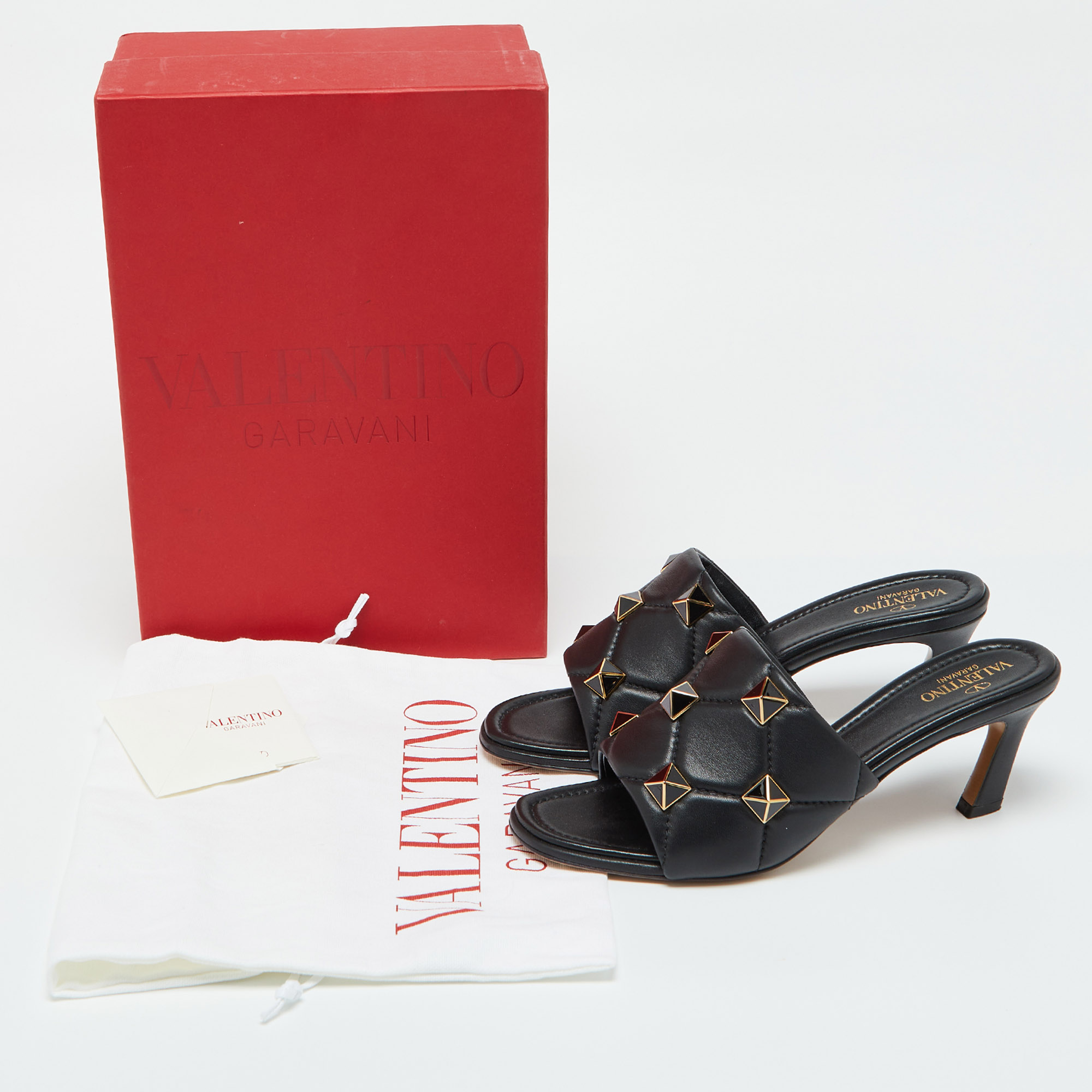 Valentino Black Leather Roman Stud Slide Sandals 39.5