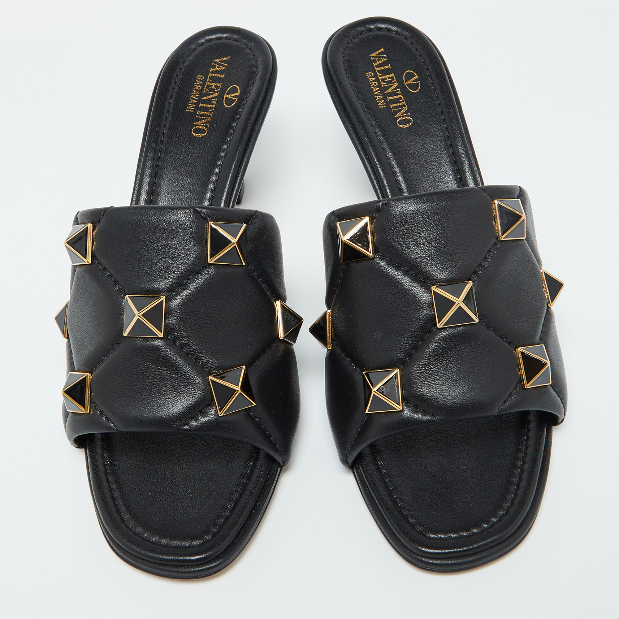 Valentino Black Leather Roman Stud Slide Sandals 39.5