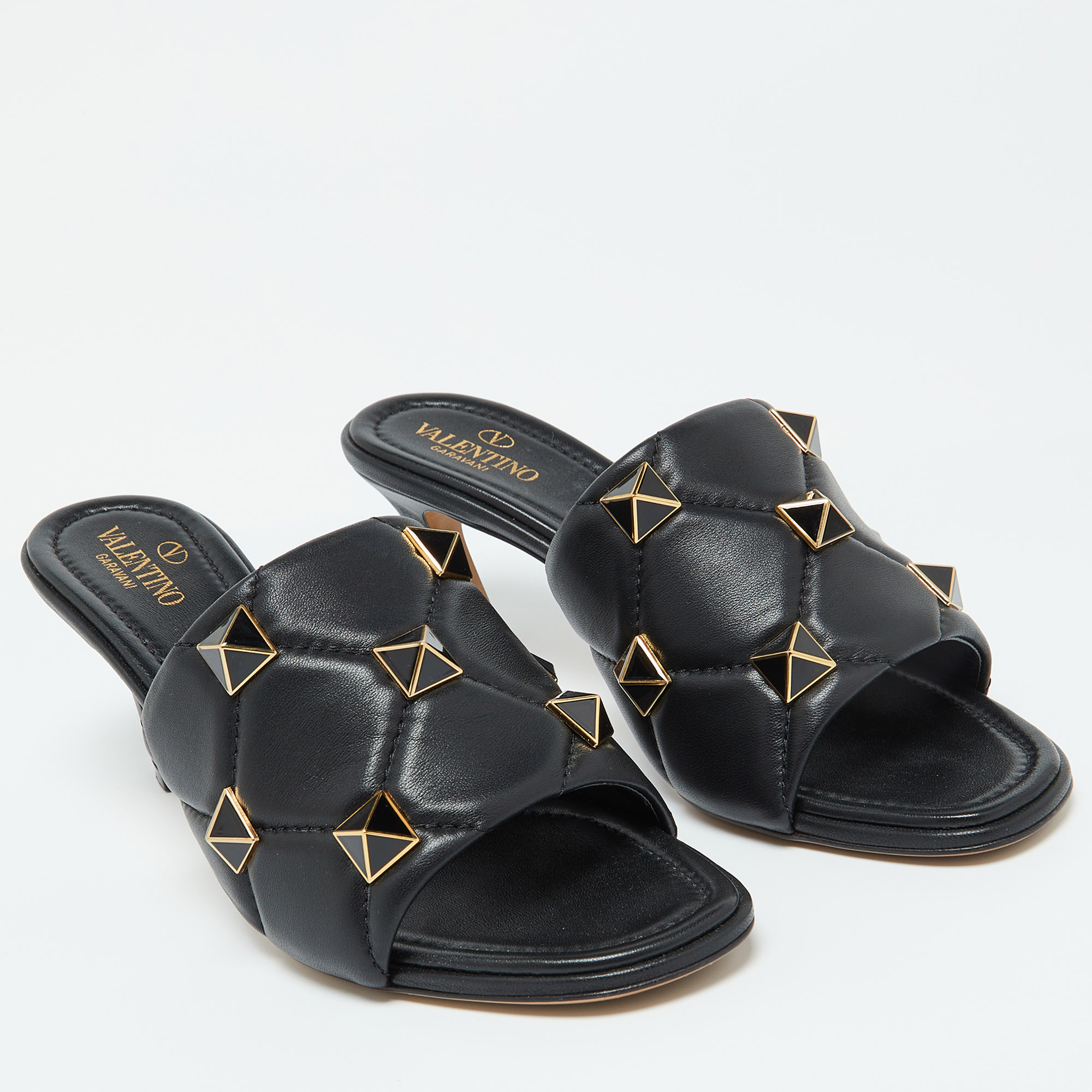 Valentino Black Leather Roman Stud Slide Sandals 39.5