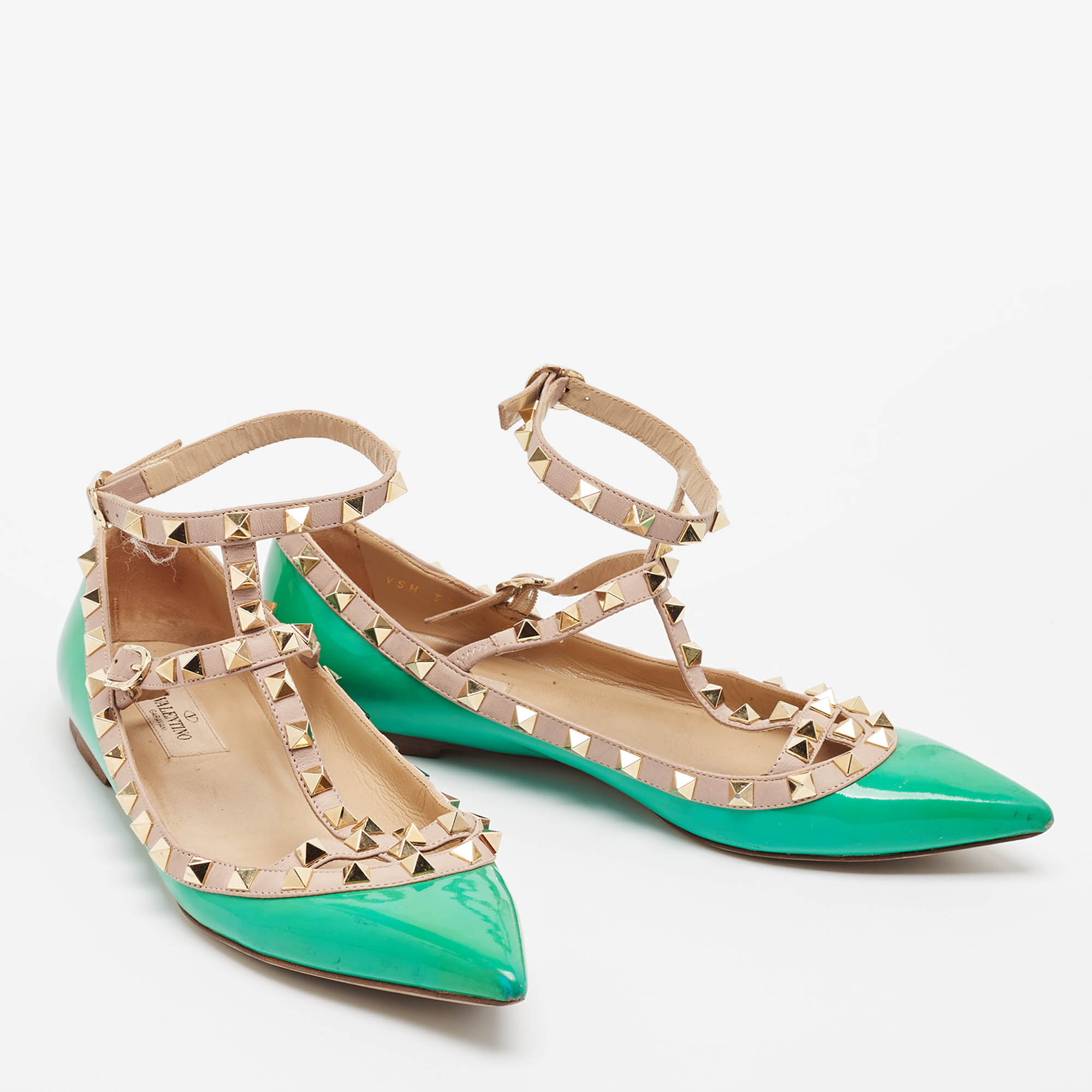 Valentino Green/Beige Patent And Leather Rockstud Ballet Flats Size 38