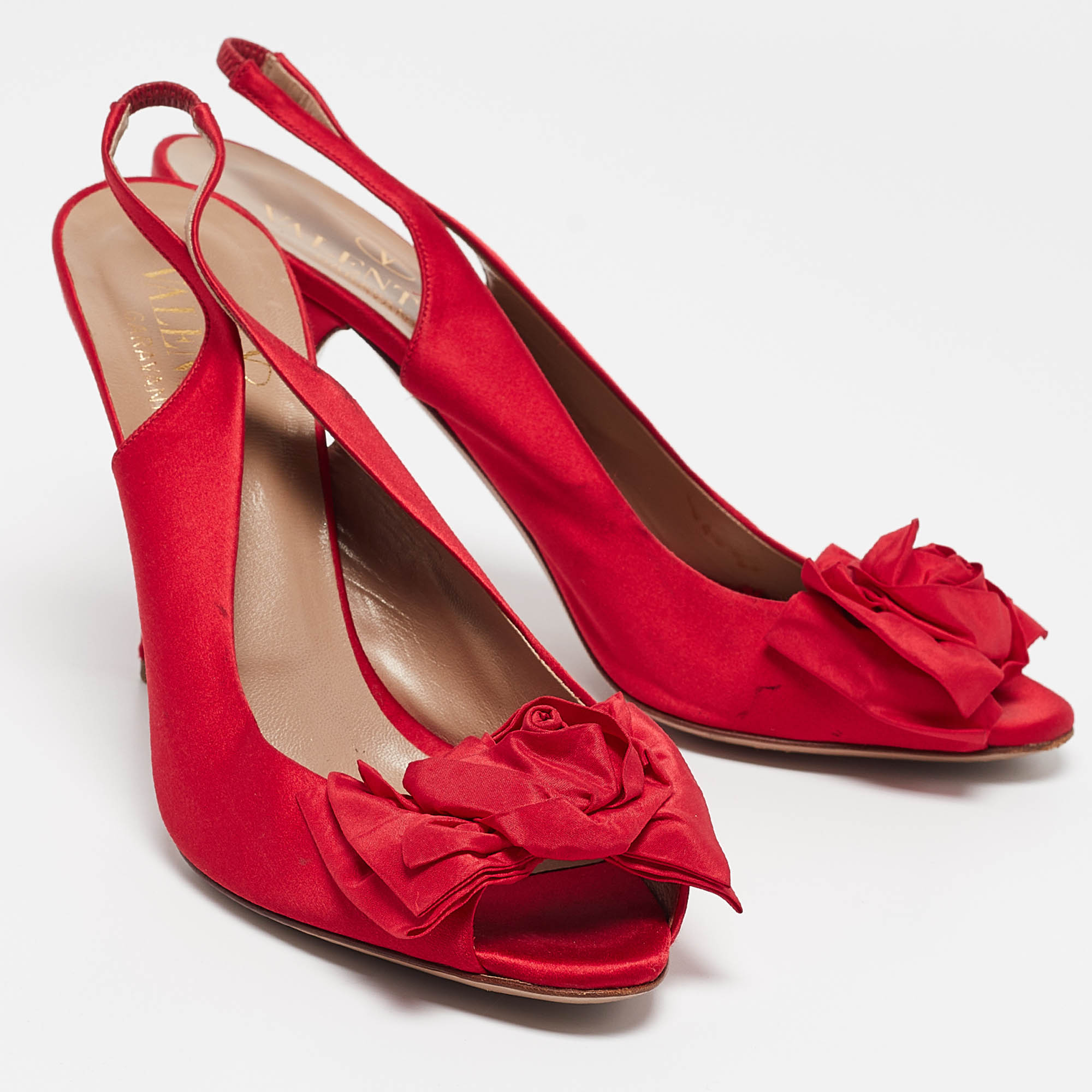 Valentino Red Satin Bow Peep Toe Slingback Pumps Size 40