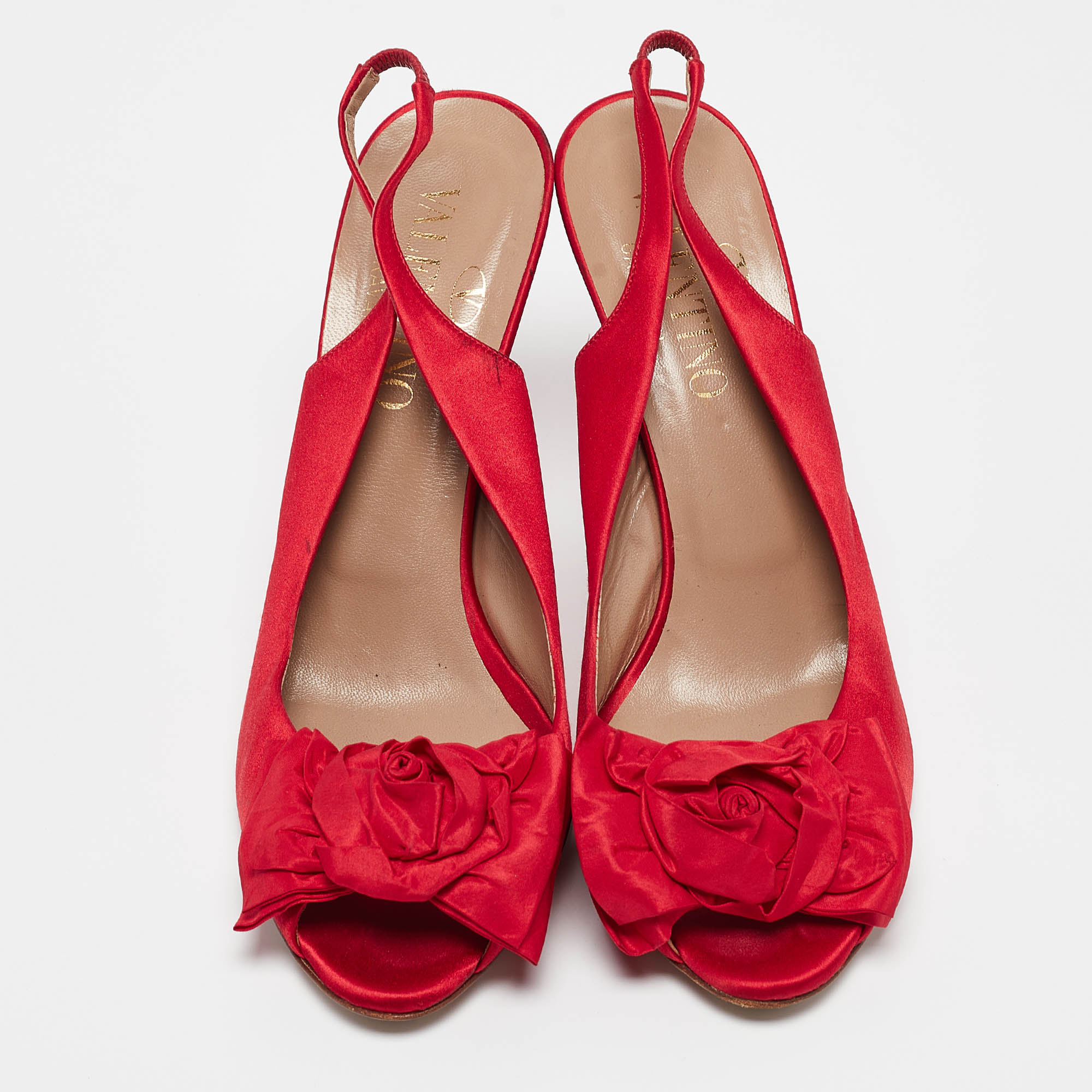 Valentino Red Satin Bow Peep Toe Slingback Pumps Size 40