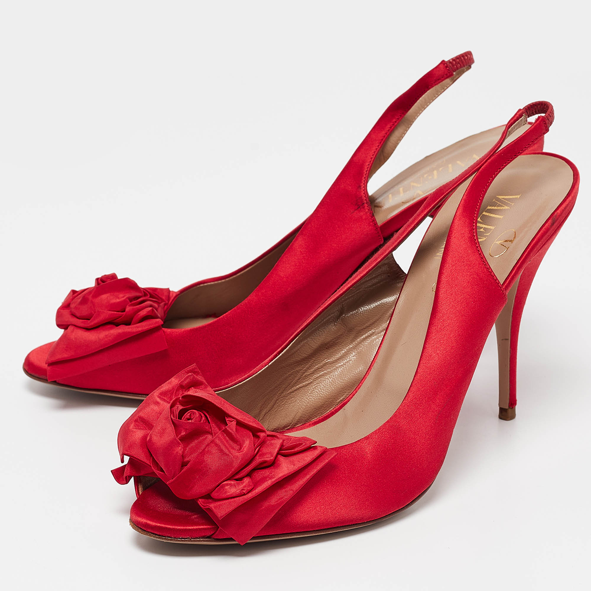 Valentino Red Satin Bow Peep Toe Slingback Pumps Size 40