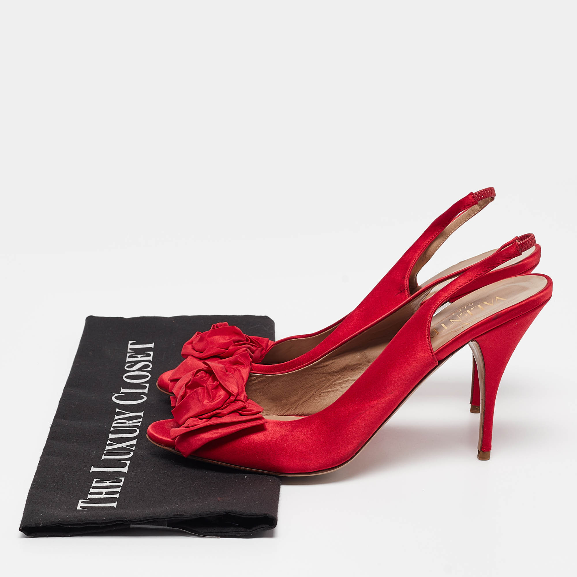 Valentino Red Satin Bow Peep Toe Slingback Pumps Size 40