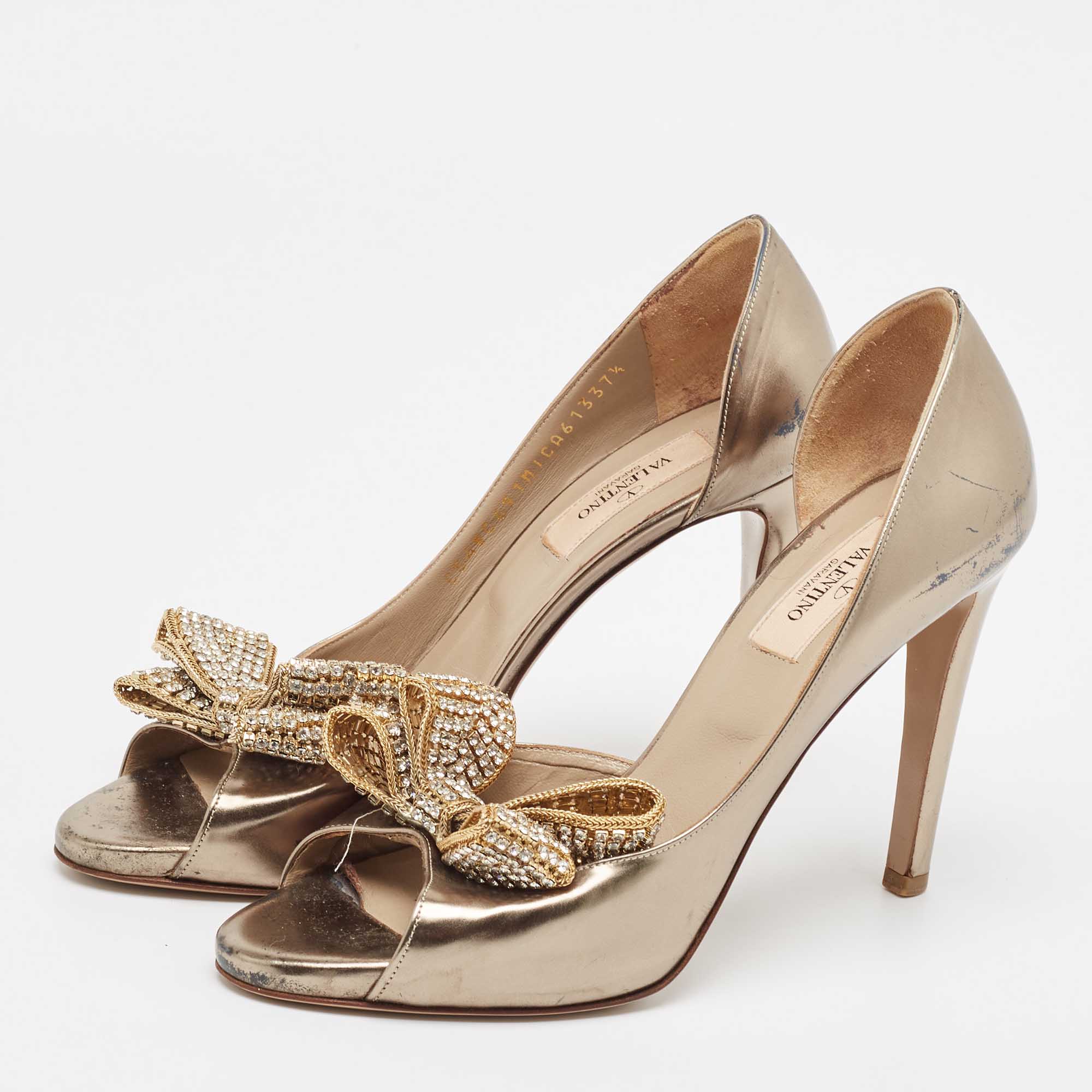 Valentino Metallic Leather Crystal Embellished Bow D'orsay Pumps Size 37.5