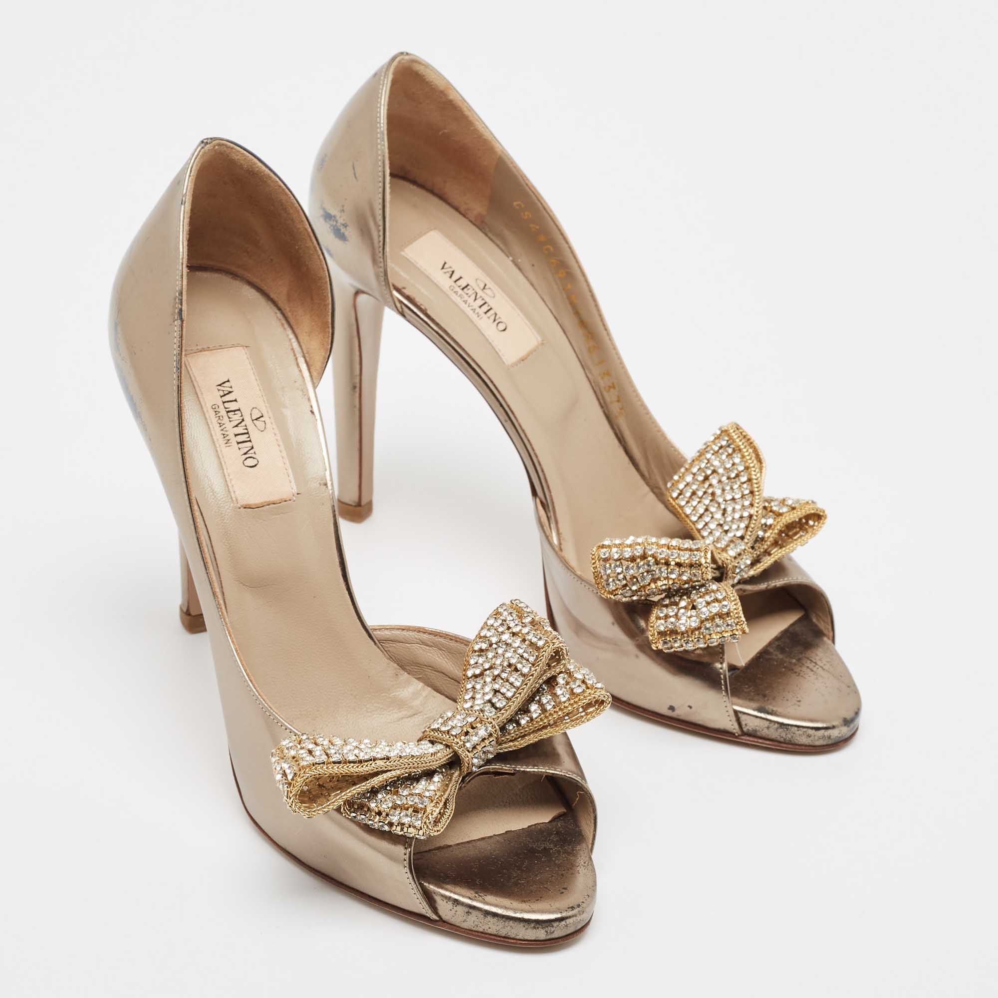 Valentino Metallic Leather Crystal Embellished Bow D'orsay Pumps Size 37.5