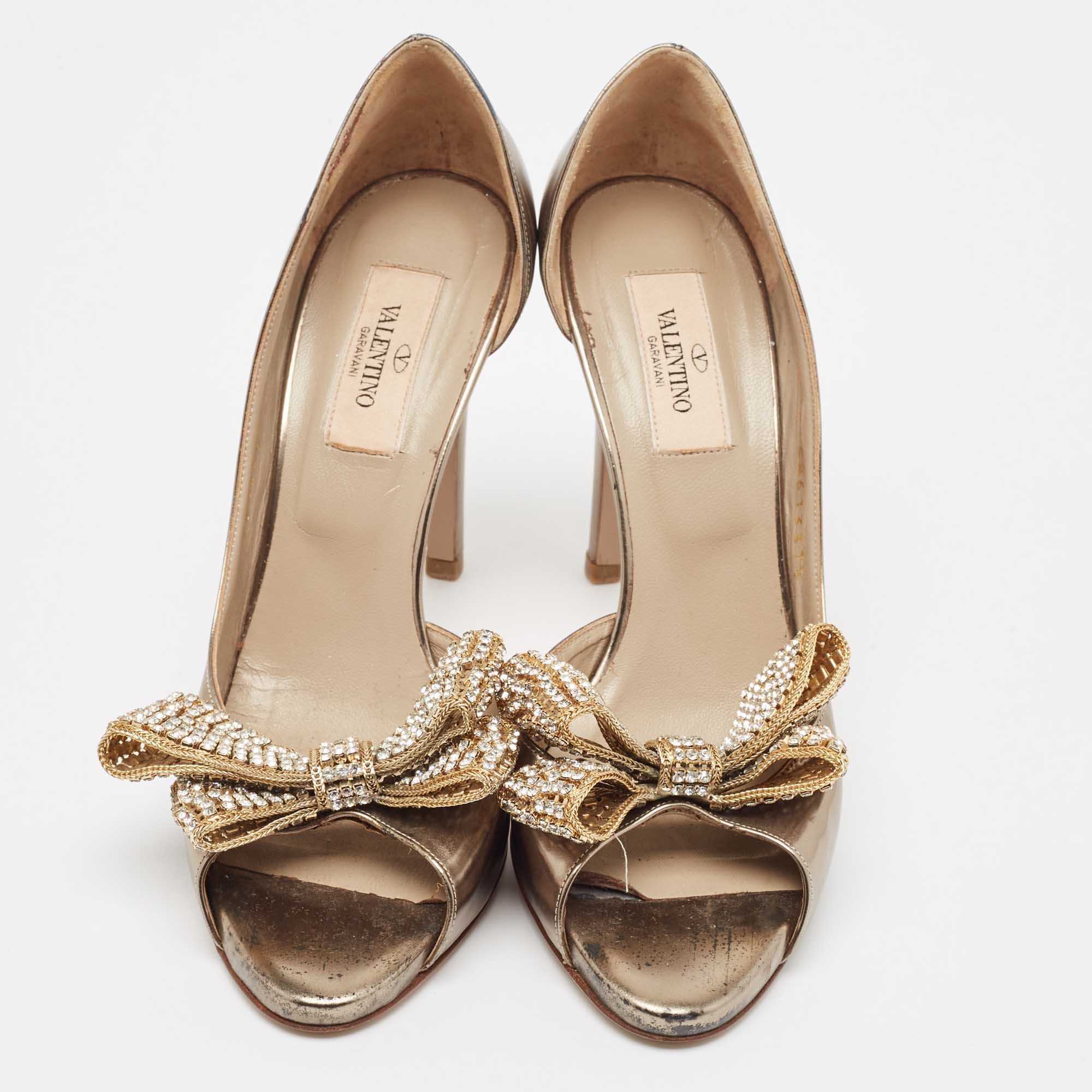 Valentino Metallic Leather Crystal Embellished Bow D'orsay Pumps Size 37.5