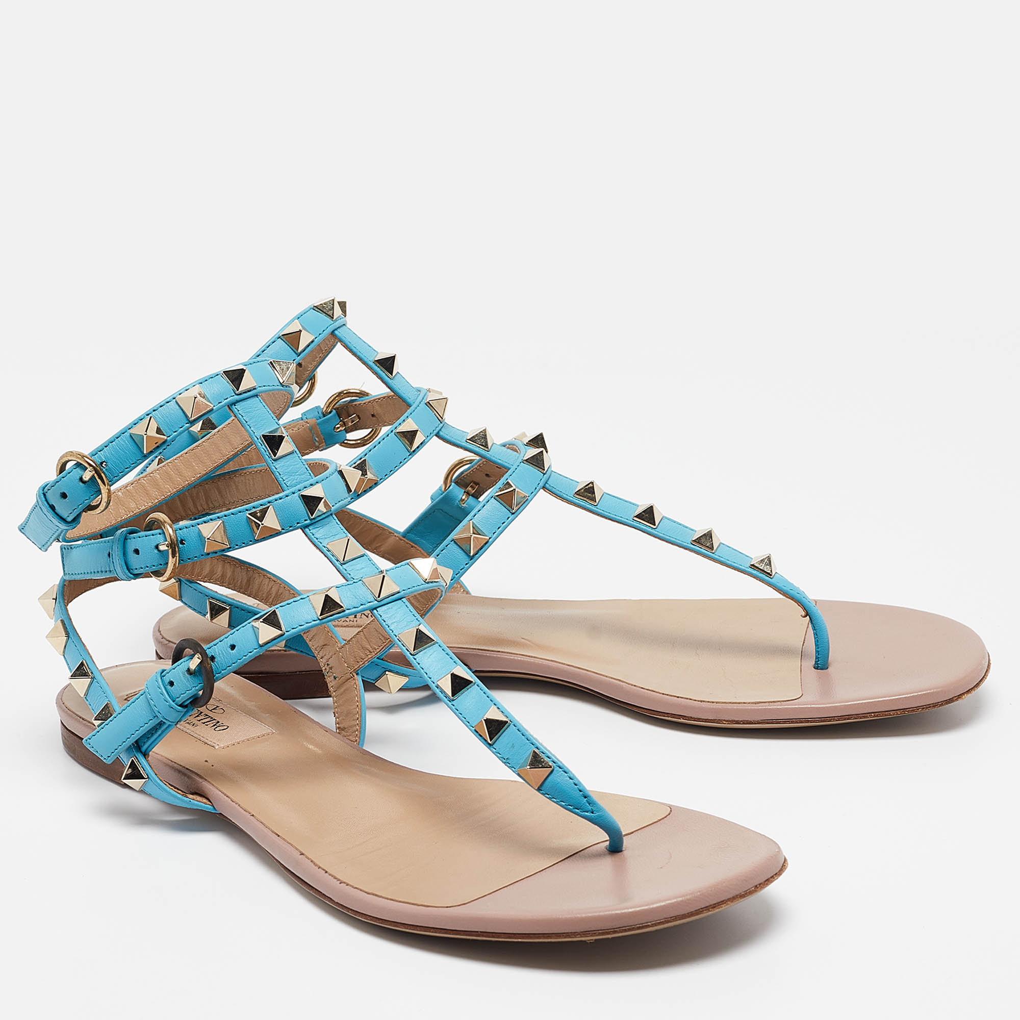 Valentino Blue Leather Rockstud Flat Sandals Size 39