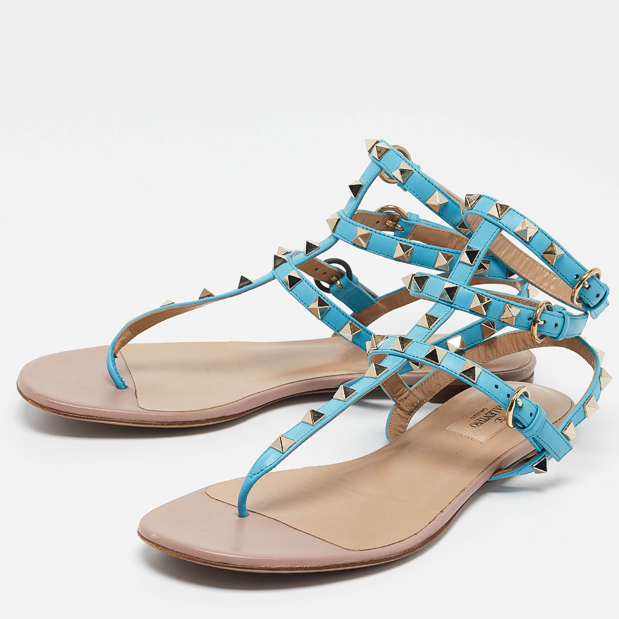 Valentino Blue Leather Rockstud Flat Sandals Size 39