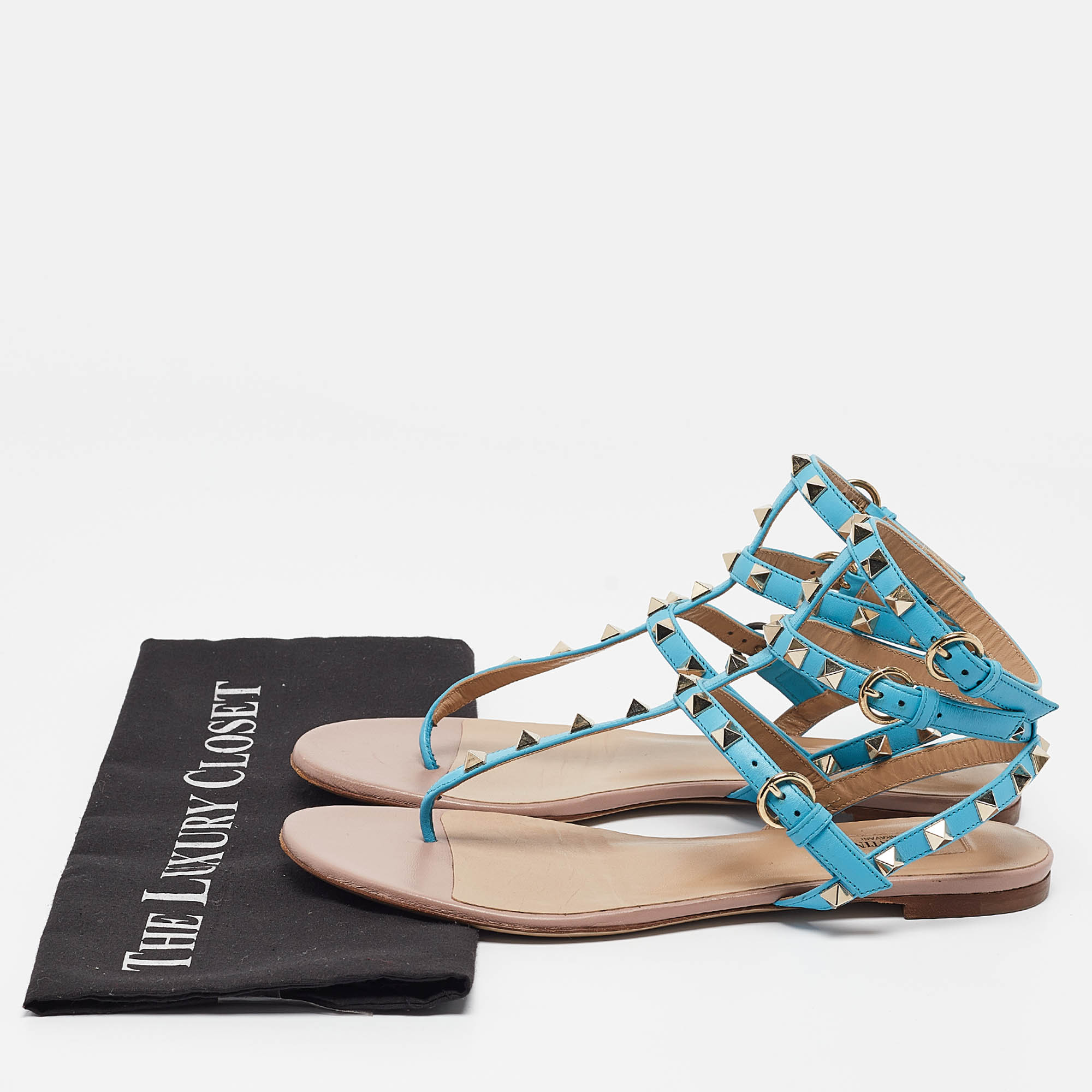 Valentino Blue Leather Rockstud Flat Sandals Size 39