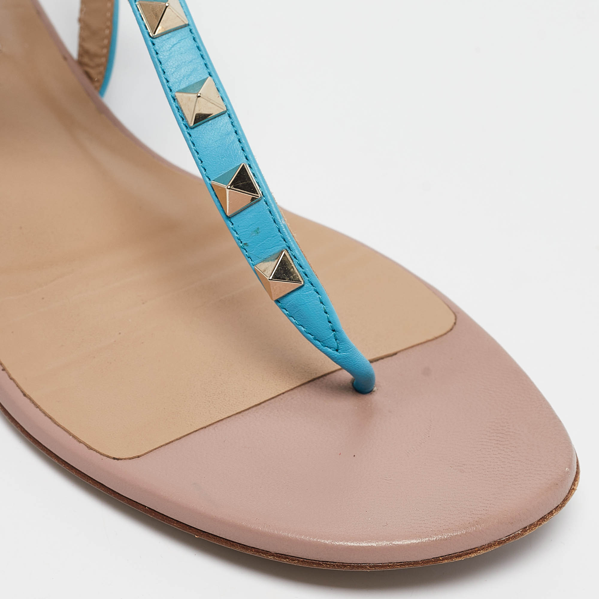 Valentino Blue Leather Rockstud Flat Sandals Size 39