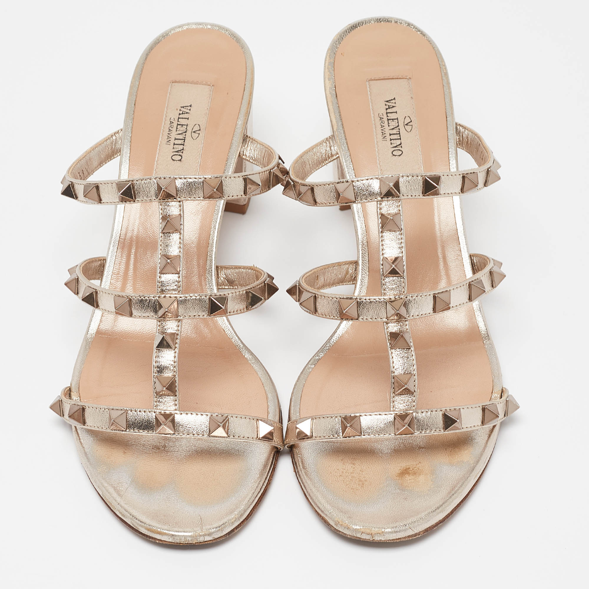 Valentino Metallic Leather Rockstud Slide Sandals Size 39.5