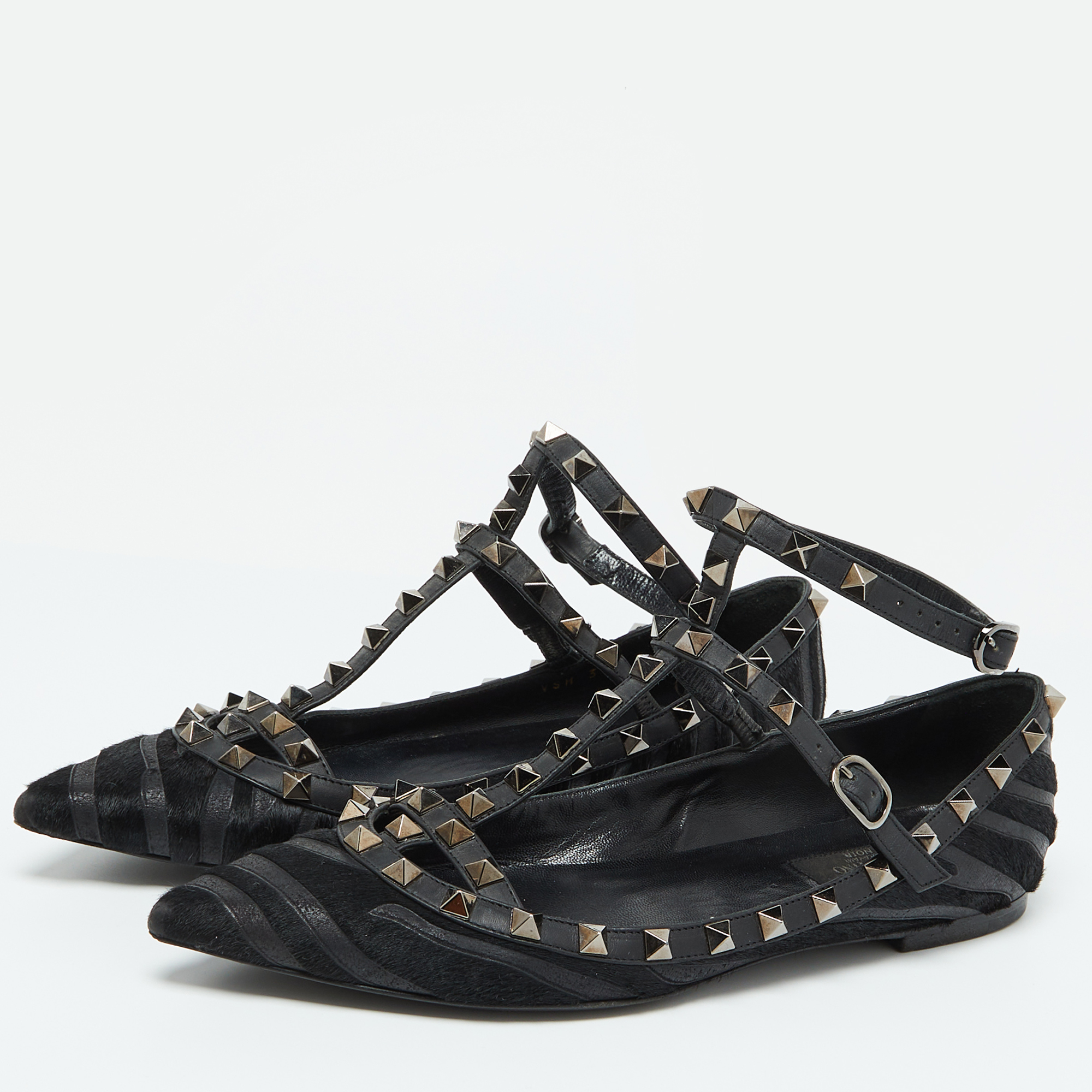 Valentino Black Calf Hair And Leather Rockstud Ankle Strap Ballet Flats Size 38