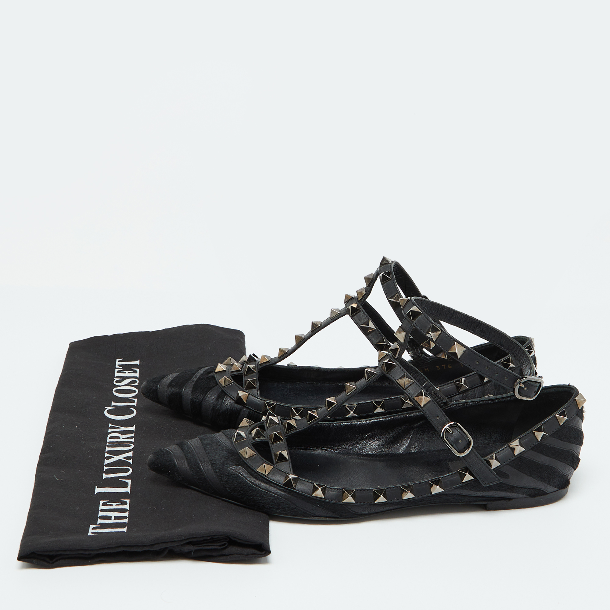 Valentino Black Calf Hair And Leather Rockstud Ankle Strap Ballet Flats Size 38